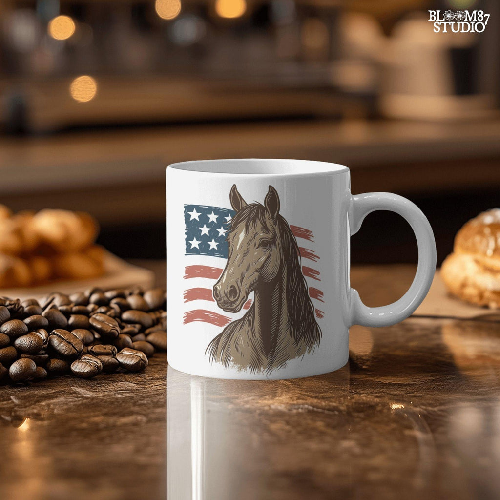 Brown horse head over distressed American flag background – Patriotic western PNG for 4th of July sublimation and cowboy crafts