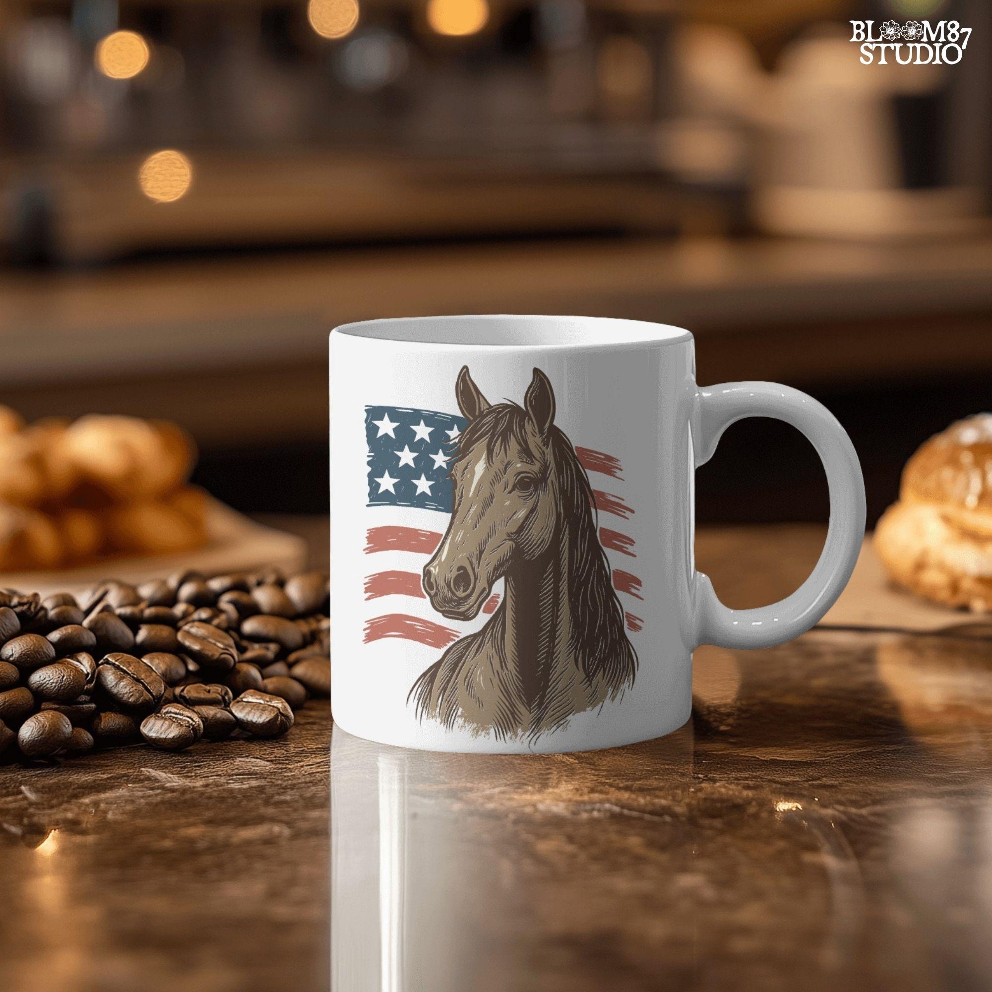 Brown horse head over distressed American flag background – Patriotic western PNG for 4th of July sublimation and cowboy crafts