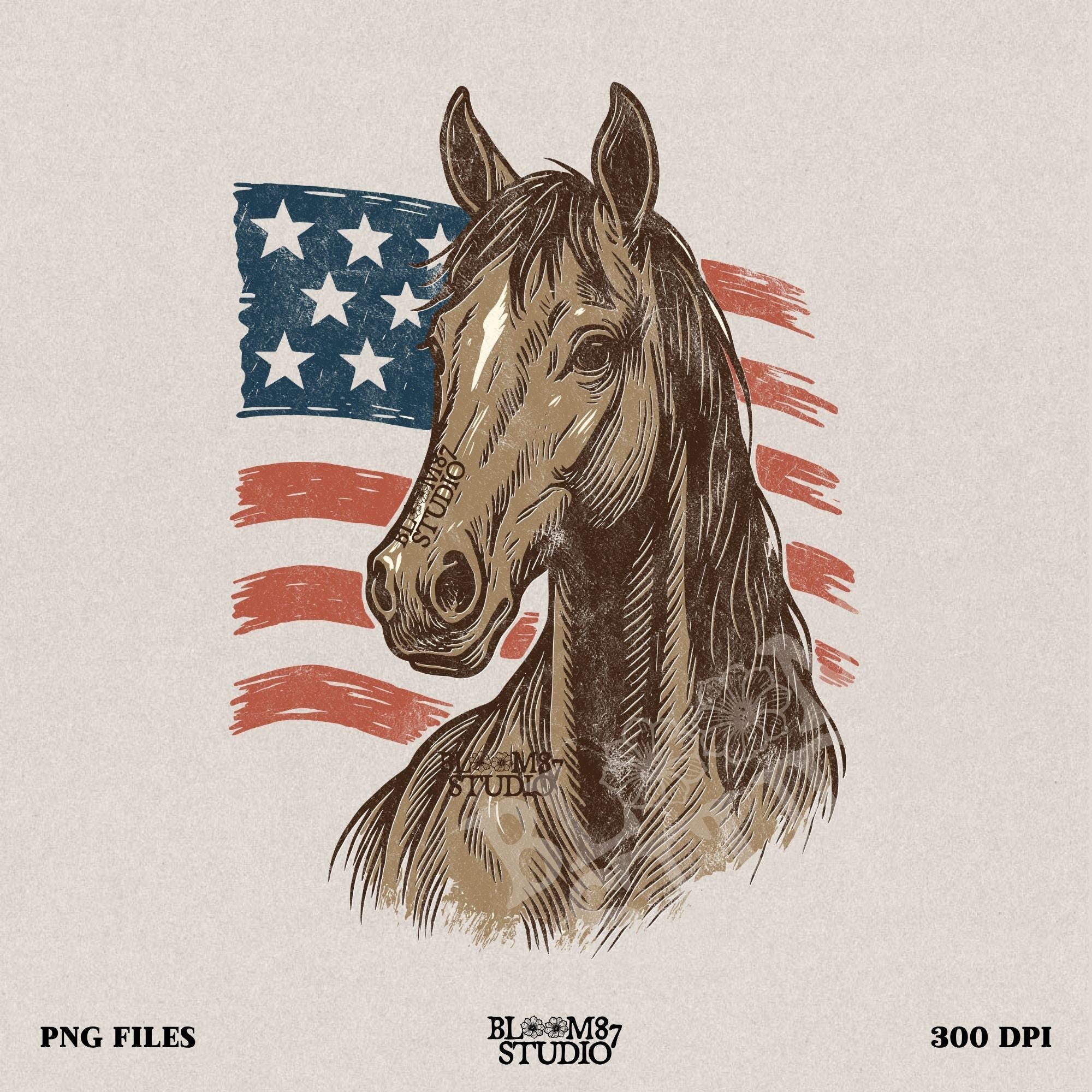 Brown horse head over distressed American flag background – Patriotic western PNG for 4th of July sublimation and cowboy crafts