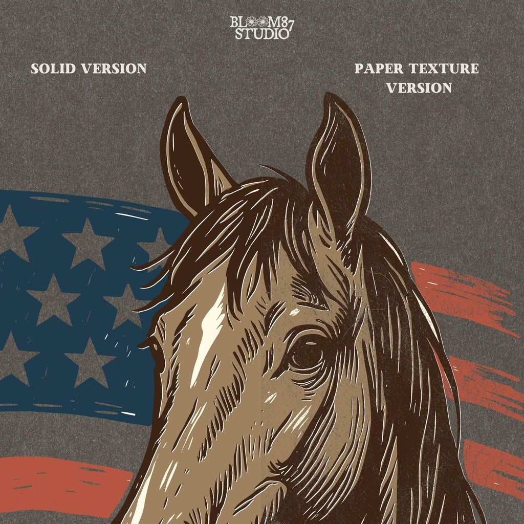 Brown horse head over distressed American flag background – Patriotic western PNG for 4th of July sublimation and cowboy crafts