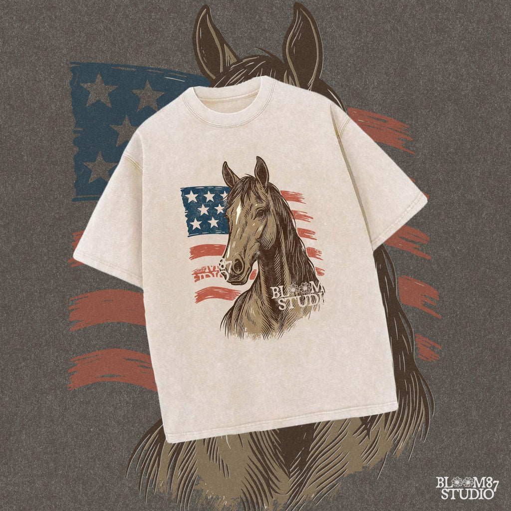 Brown horse head over distressed American flag background – Patriotic western PNG for 4th of July sublimation and cowboy crafts
