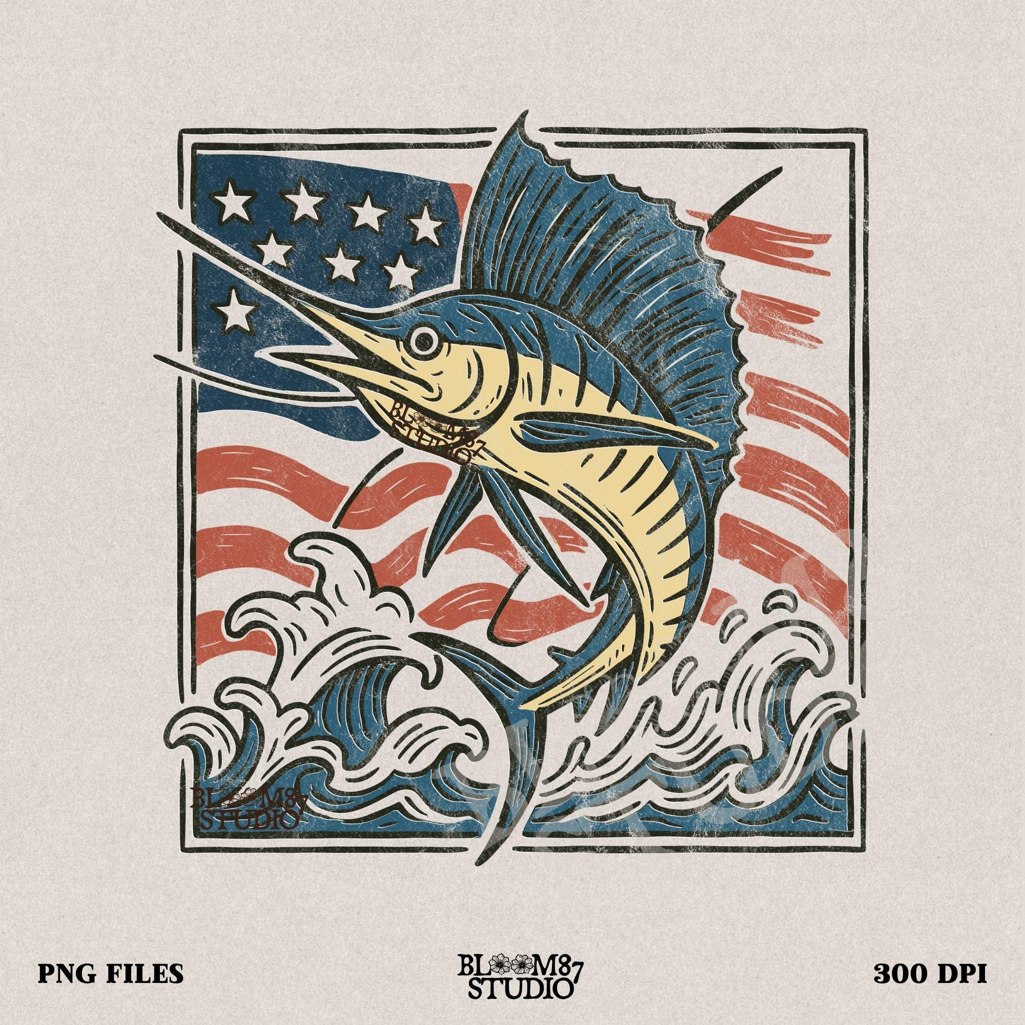 Patriotic sailfish illustration with American flag background and ocean waves – perfect for fishing shirt sublimation or saltwater angler clipart