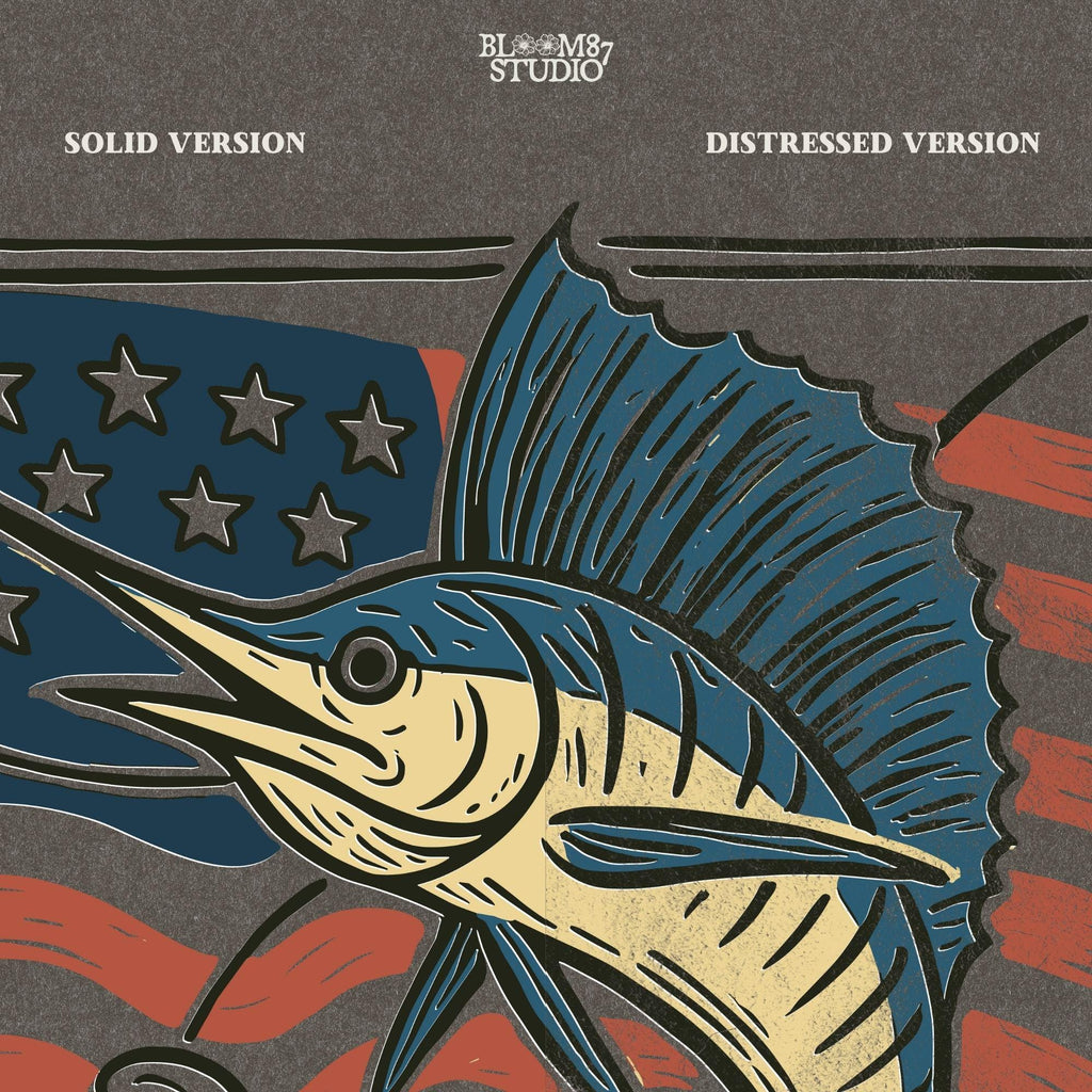 Patriotic sailfish illustration with American flag background and ocean waves – perfect for fishing shirt sublimation or saltwater angler clipart