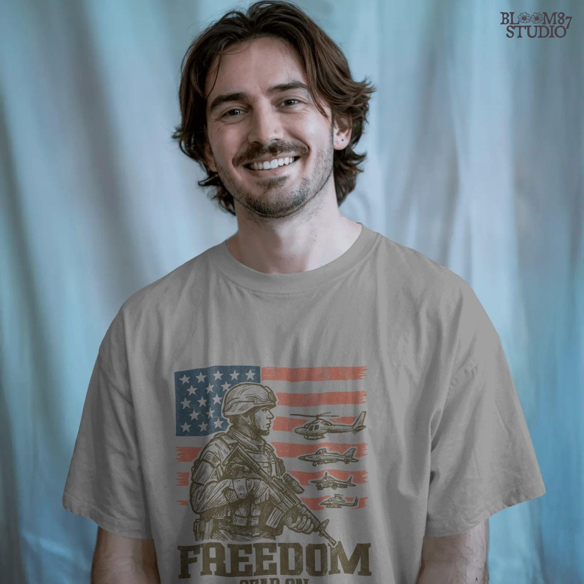 Tactical soldier in front of distressed American flag with military aircraft and “Freedom Gear On” text – perfect patriotic PNG for veteran shirt sublimation