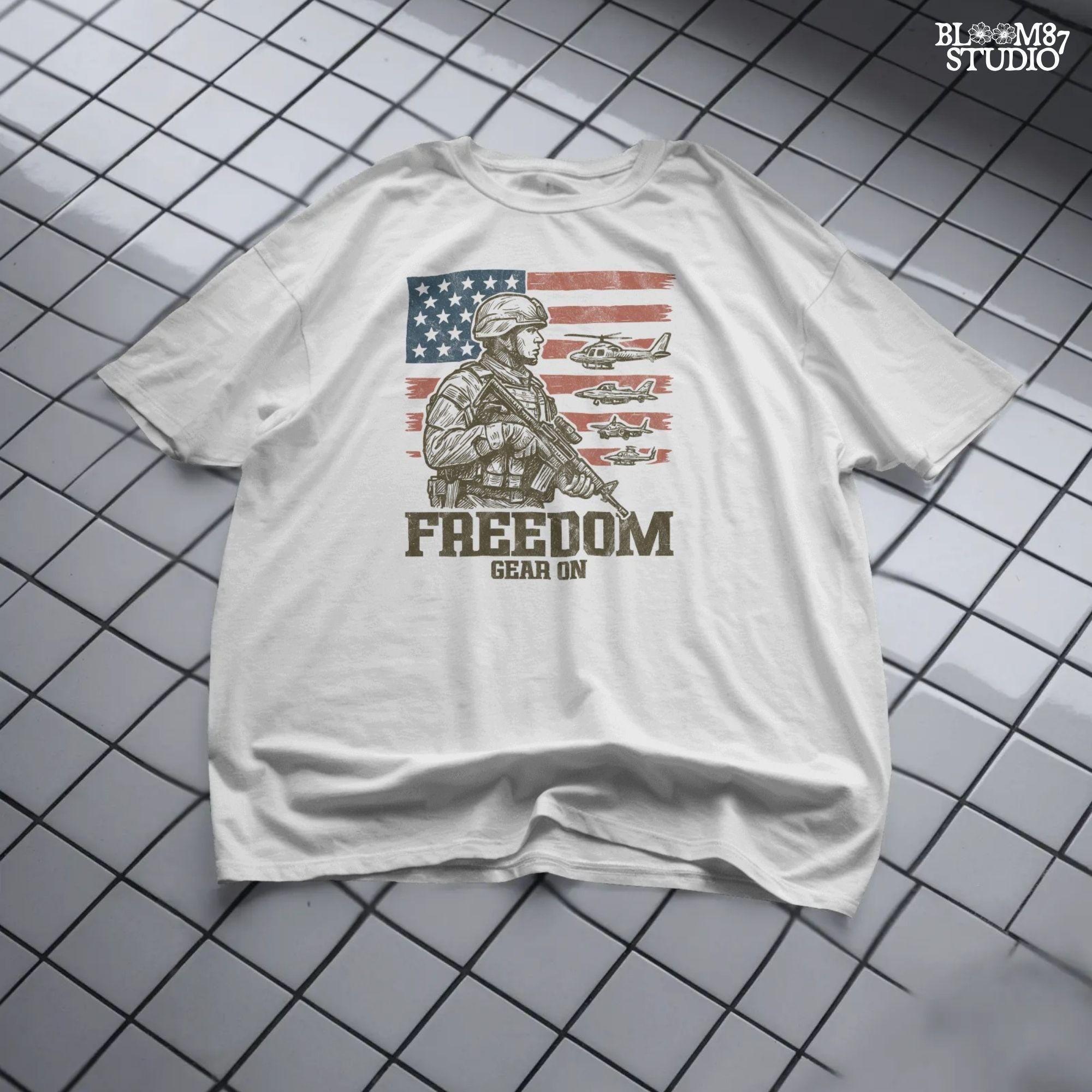Tactical soldier in front of distressed American flag with military aircraft and “Freedom Gear On” text – perfect patriotic PNG for veteran shirt sublimation