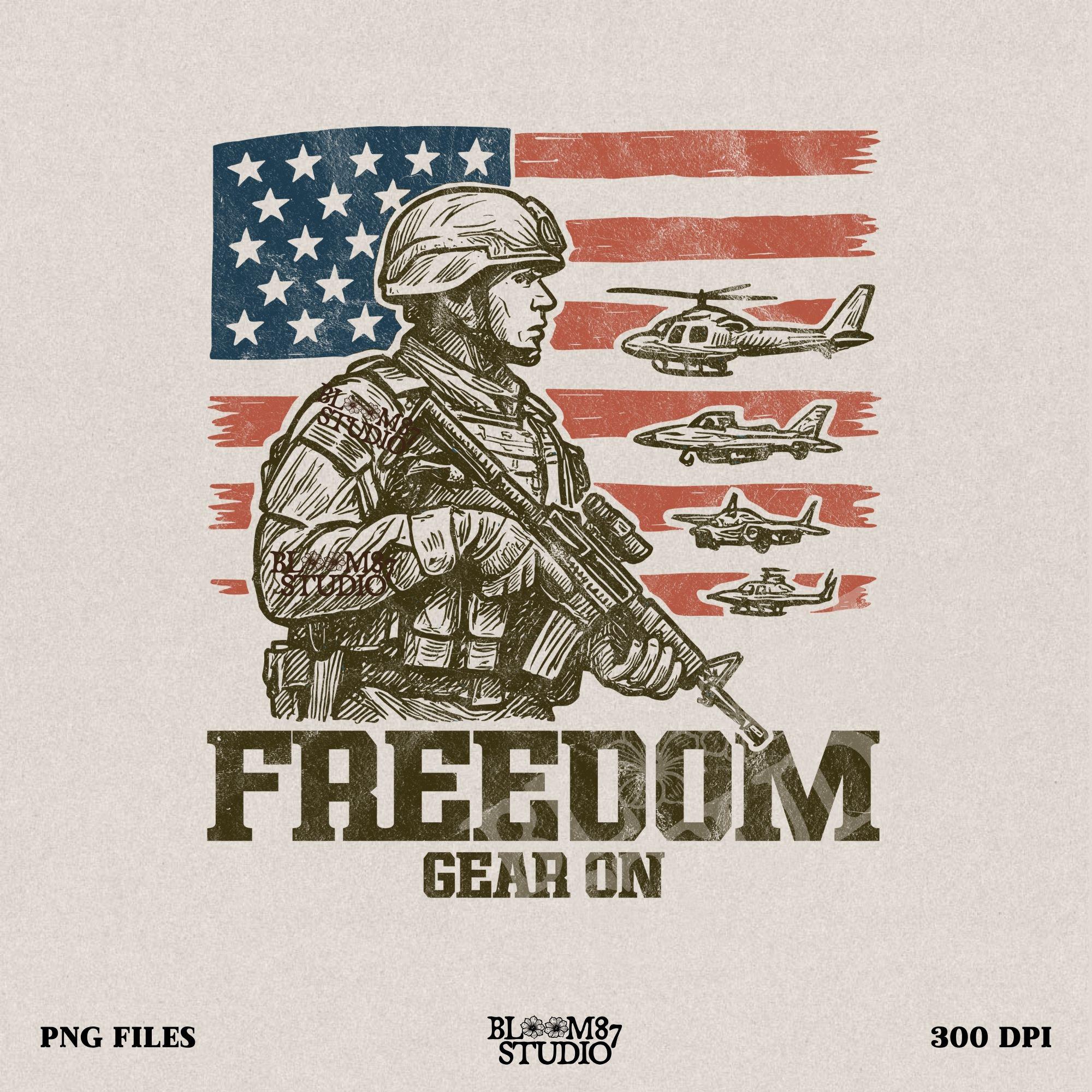 Tactical soldier in front of distressed American flag with military aircraft and “Freedom Gear On” text – perfect patriotic PNG for veteran shirt sublimation