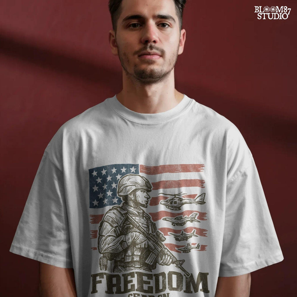 Tactical soldier in front of distressed American flag with military aircraft and “Freedom Gear On” text – perfect patriotic PNG for veteran shirt sublimation