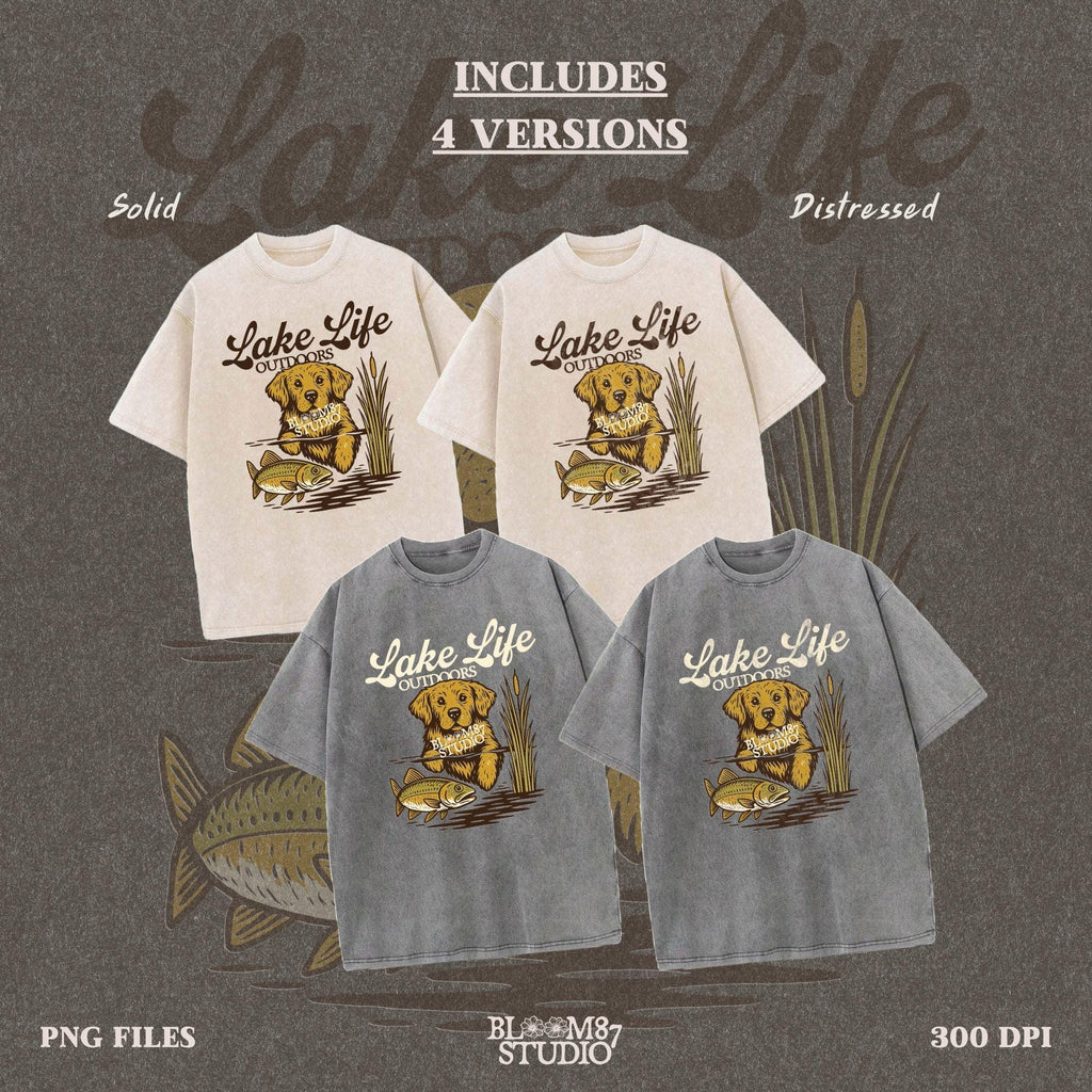 Golden Retriever dog enjoying lake life outdoors with fish in rustic nature setting — perfect for lake house and fishing sublimation designs