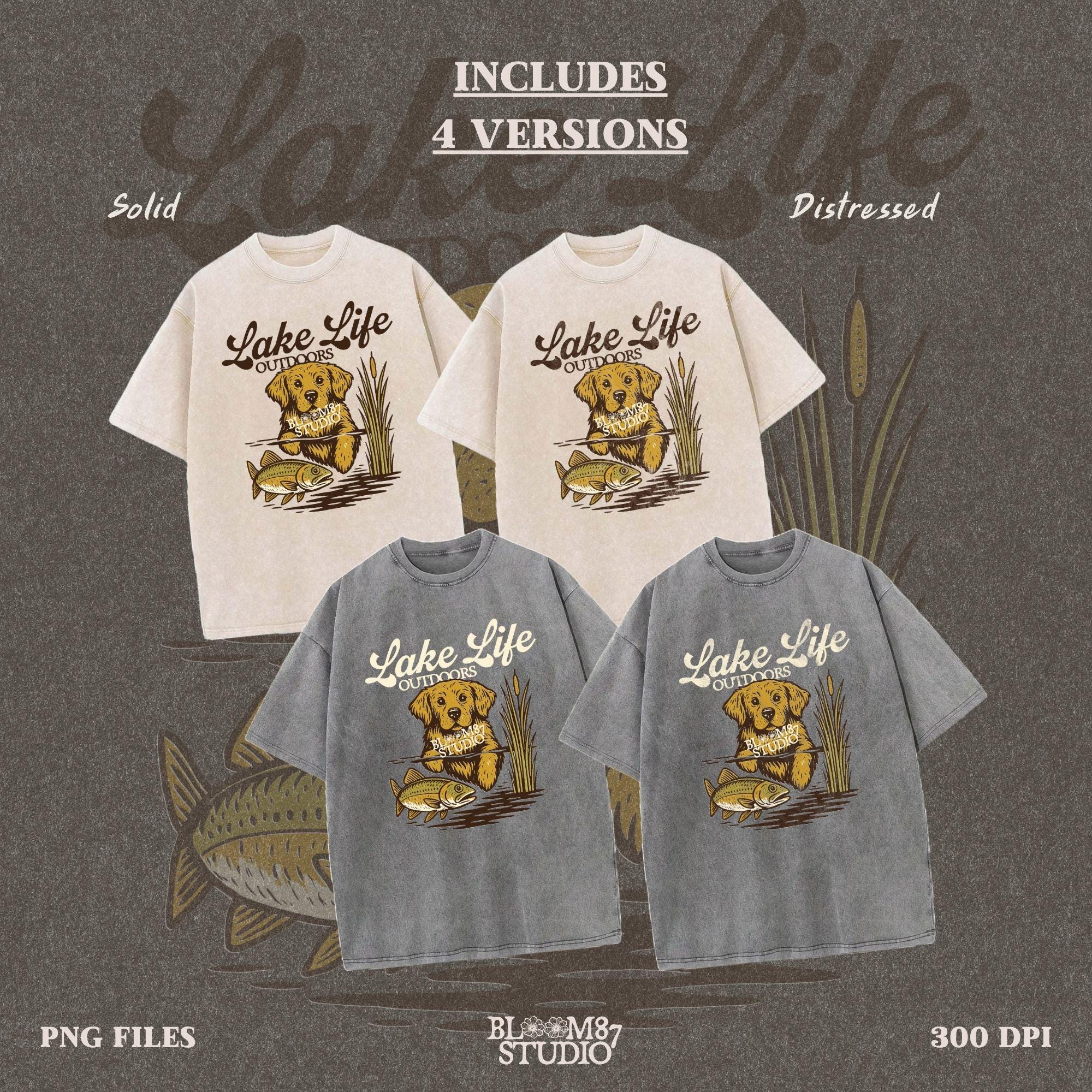 Golden Retriever dog enjoying lake life outdoors with fish in rustic nature setting — perfect for lake house and fishing sublimation designs