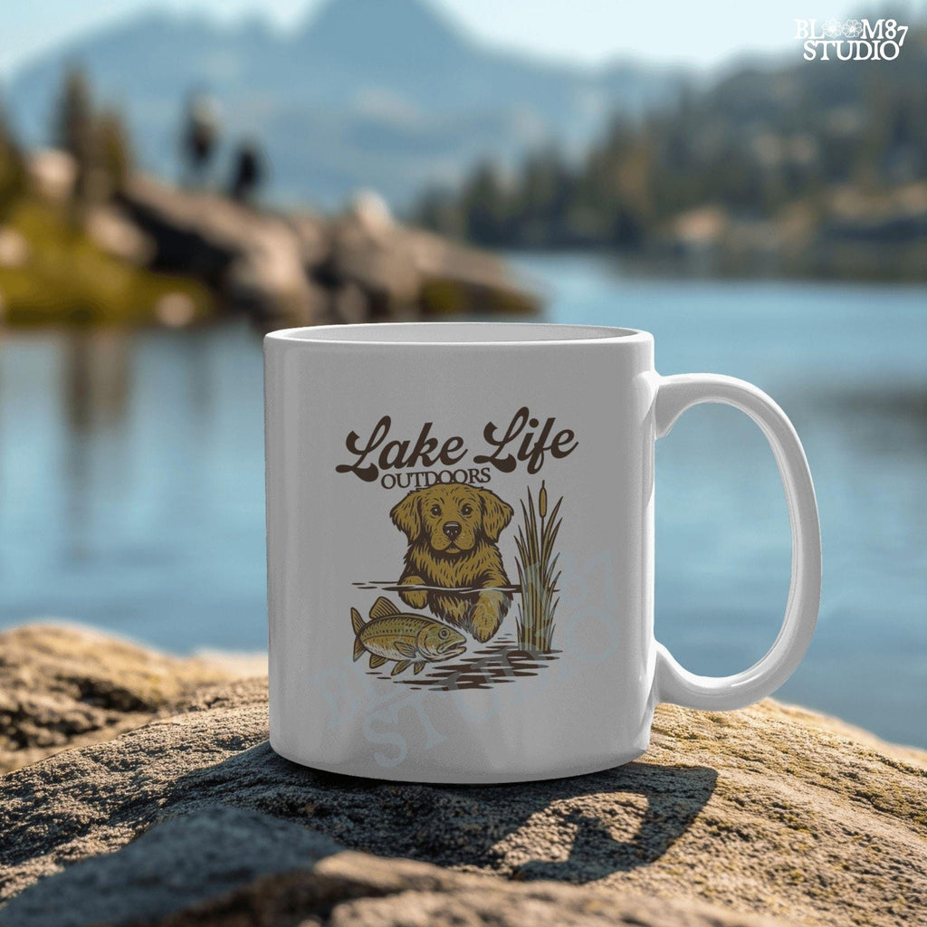 Golden Retriever dog enjoying lake life outdoors with fish in rustic nature setting — perfect for lake house and fishing sublimation designs
