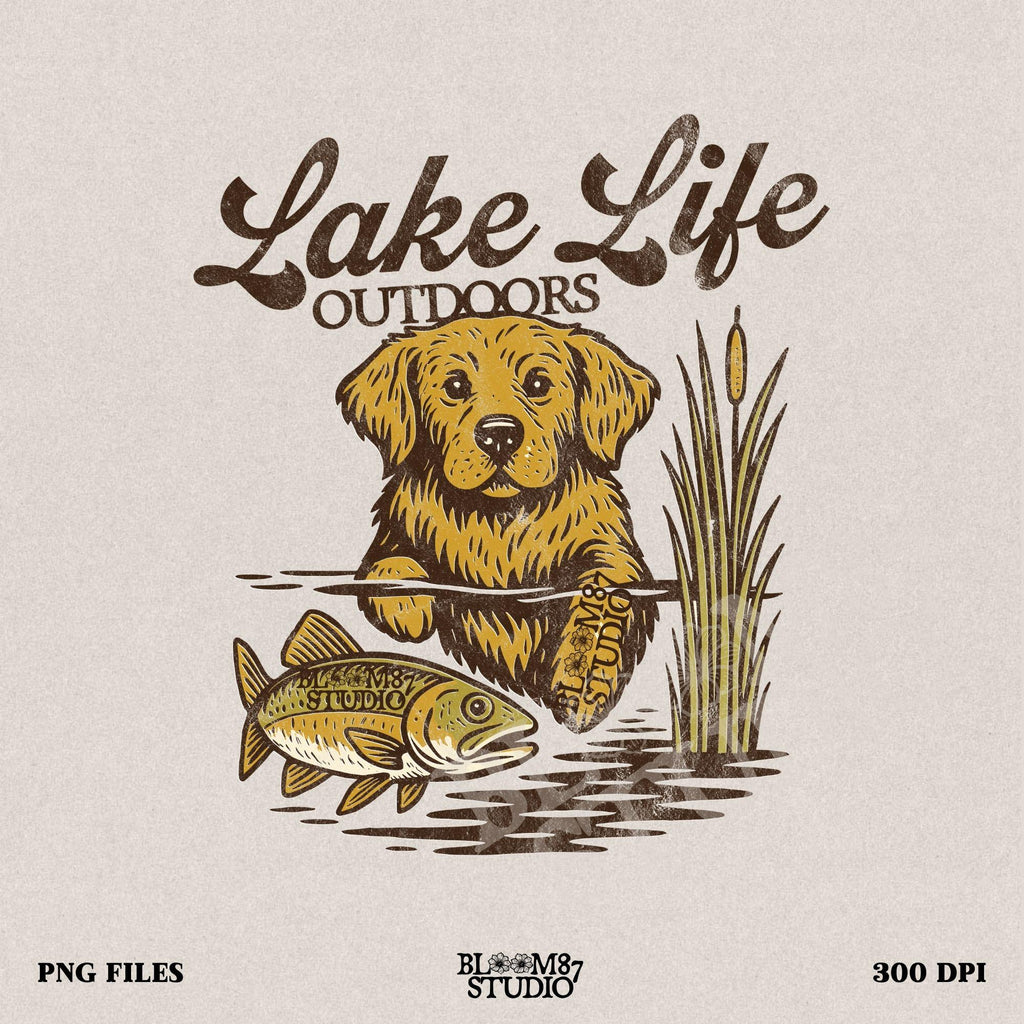Golden Retriever dog enjoying lake life outdoors with fish in rustic nature setting — perfect for lake house and fishing sublimation designs