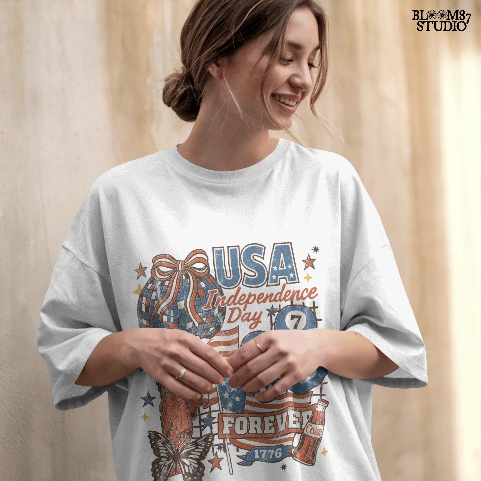 Vintage USA Independence Day collage with Statue of Liberty, American flags, Coke bottle, disco ball, patriotic retro design