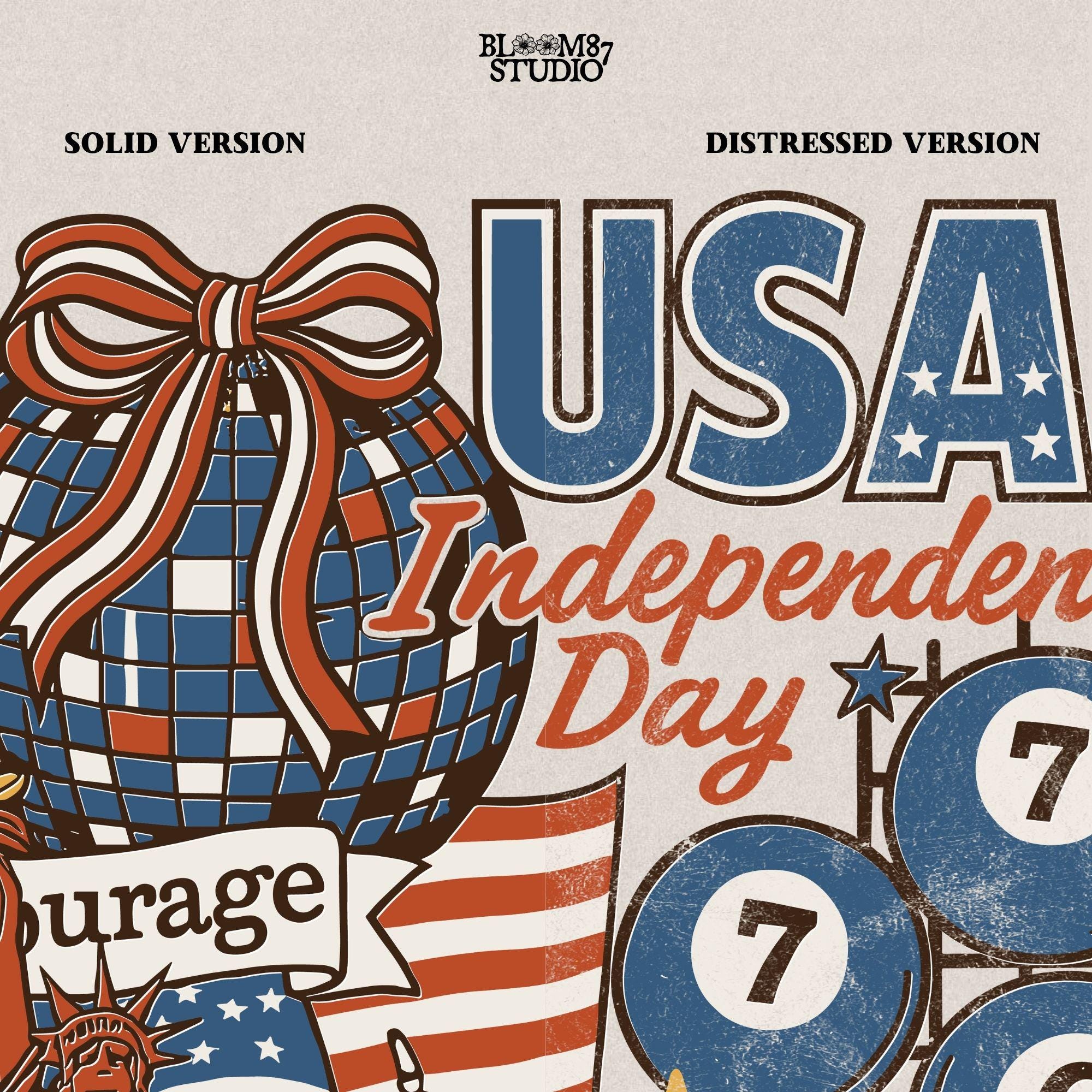 Vintage USA Independence Day collage with Statue of Liberty, American flags, Coke bottle, disco ball, patriotic retro design