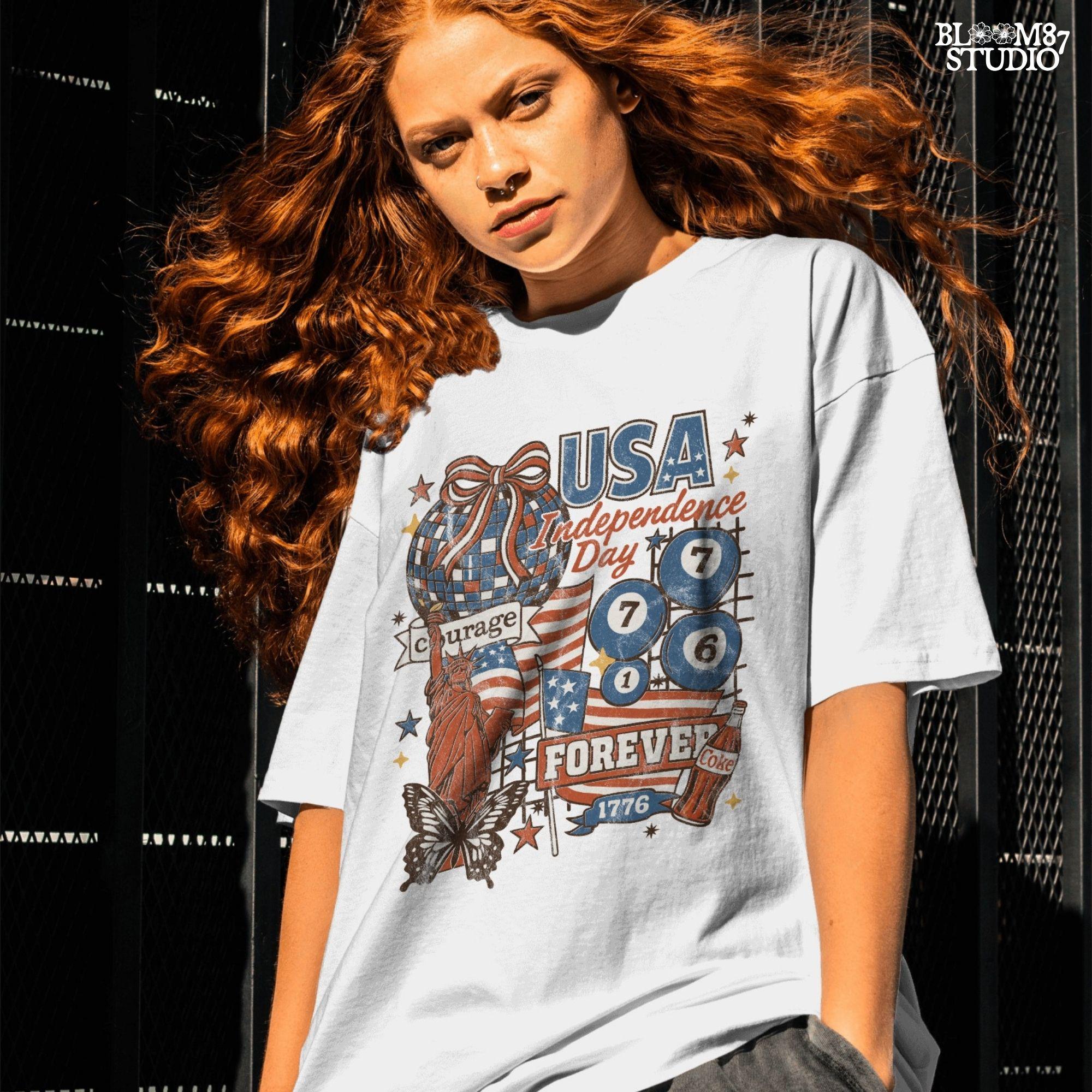 Vintage USA Independence Day collage with Statue of Liberty, American flags, Coke bottle, disco ball, patriotic retro design