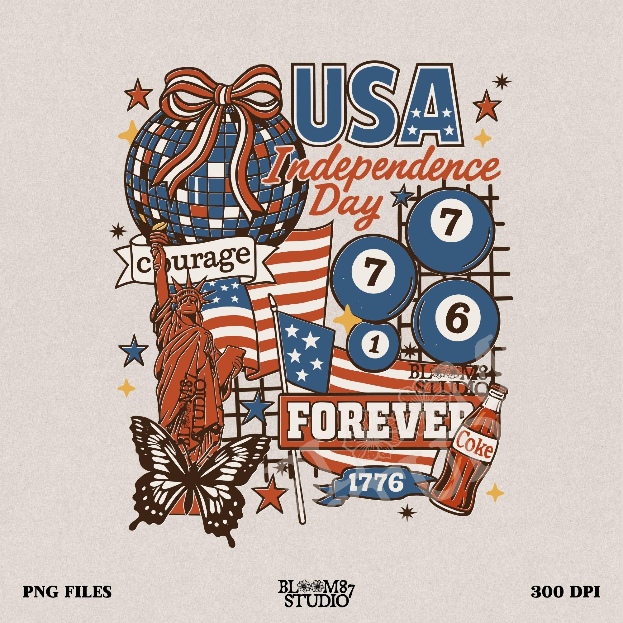 Vintage USA Independence Day collage with Statue of Liberty, American flags, Coke bottle, disco ball, patriotic retro design