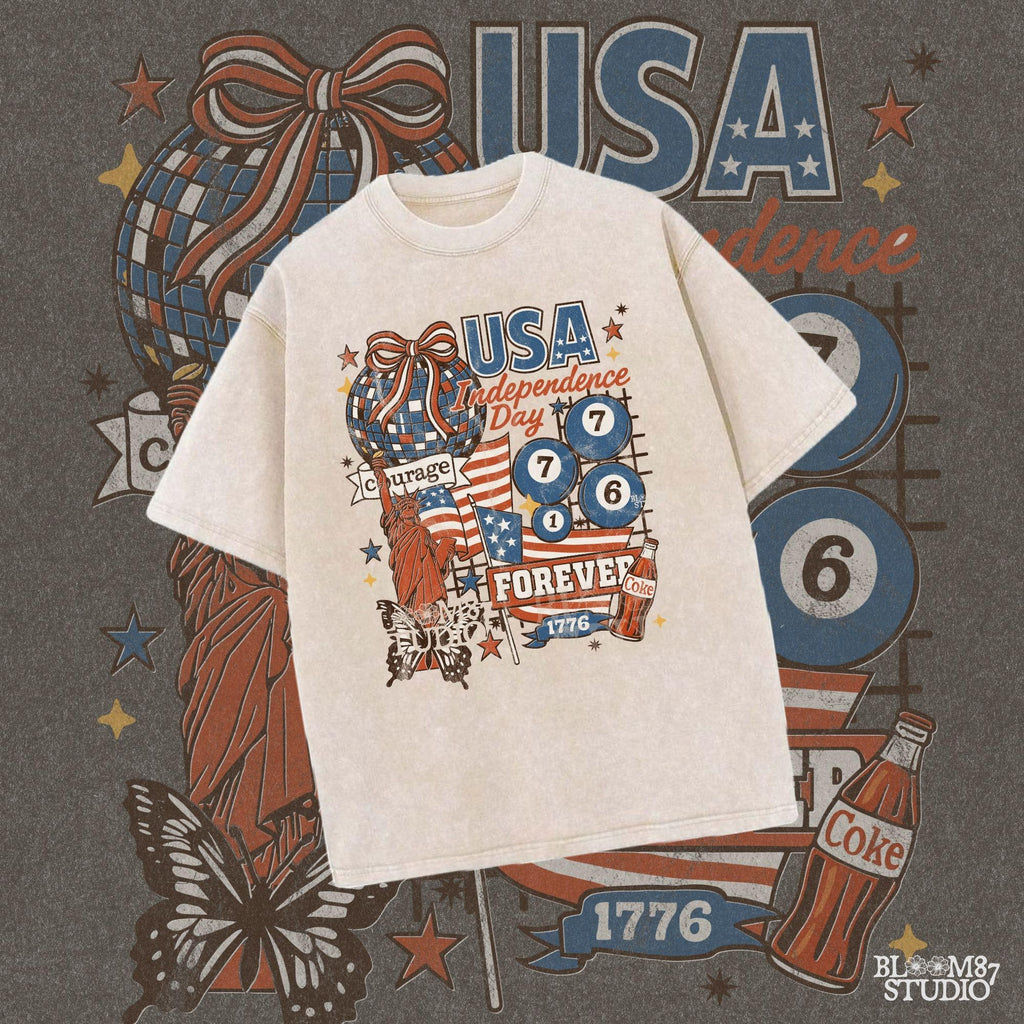 Vintage USA Independence Day collage with Statue of Liberty, American flags, Coke bottle, disco ball, patriotic retro design