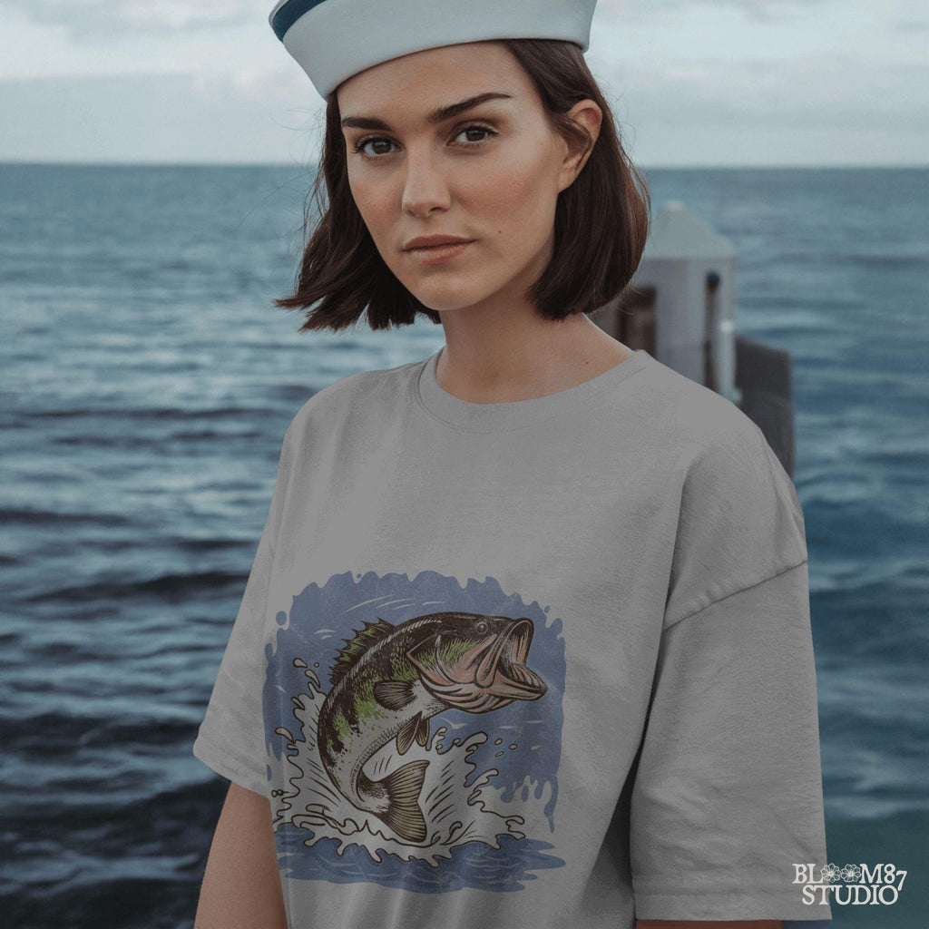 fishing day digital file, retro bass fish png, t-shirt fishing art, vibrant sportsman design, cartoon style bass fish, summer lake shirt file, downloadable fish art, splashy outdoors file, high quality printable fish