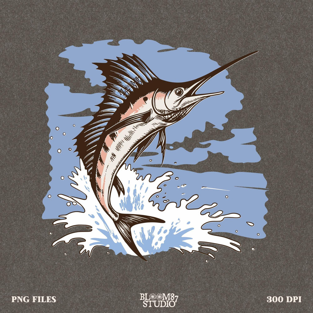 deep sea fishing png, offshore sportfish file, marlin shirt sublimation, big game fishing design, coastal dad shirt png, fisherman tournament art, ocean catch png, sea life sublimation, marlin jumping out of water, saltwater fisherman file