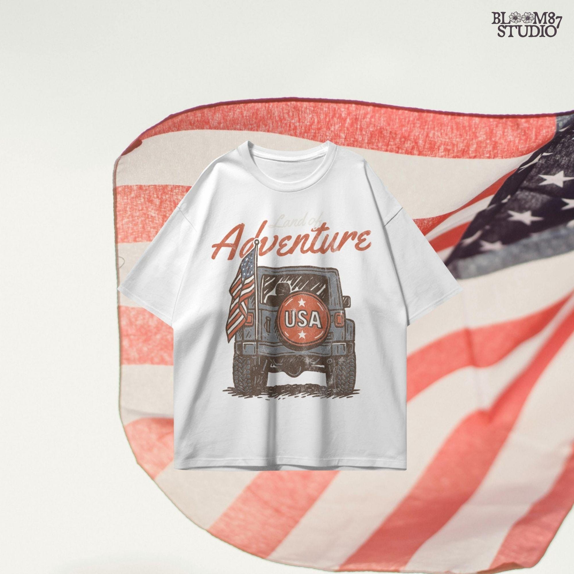 “Illustration of a patriotic Jeep with USA spare tire and American flag, perfect for summer adventure and Fourth of July celebrations.”