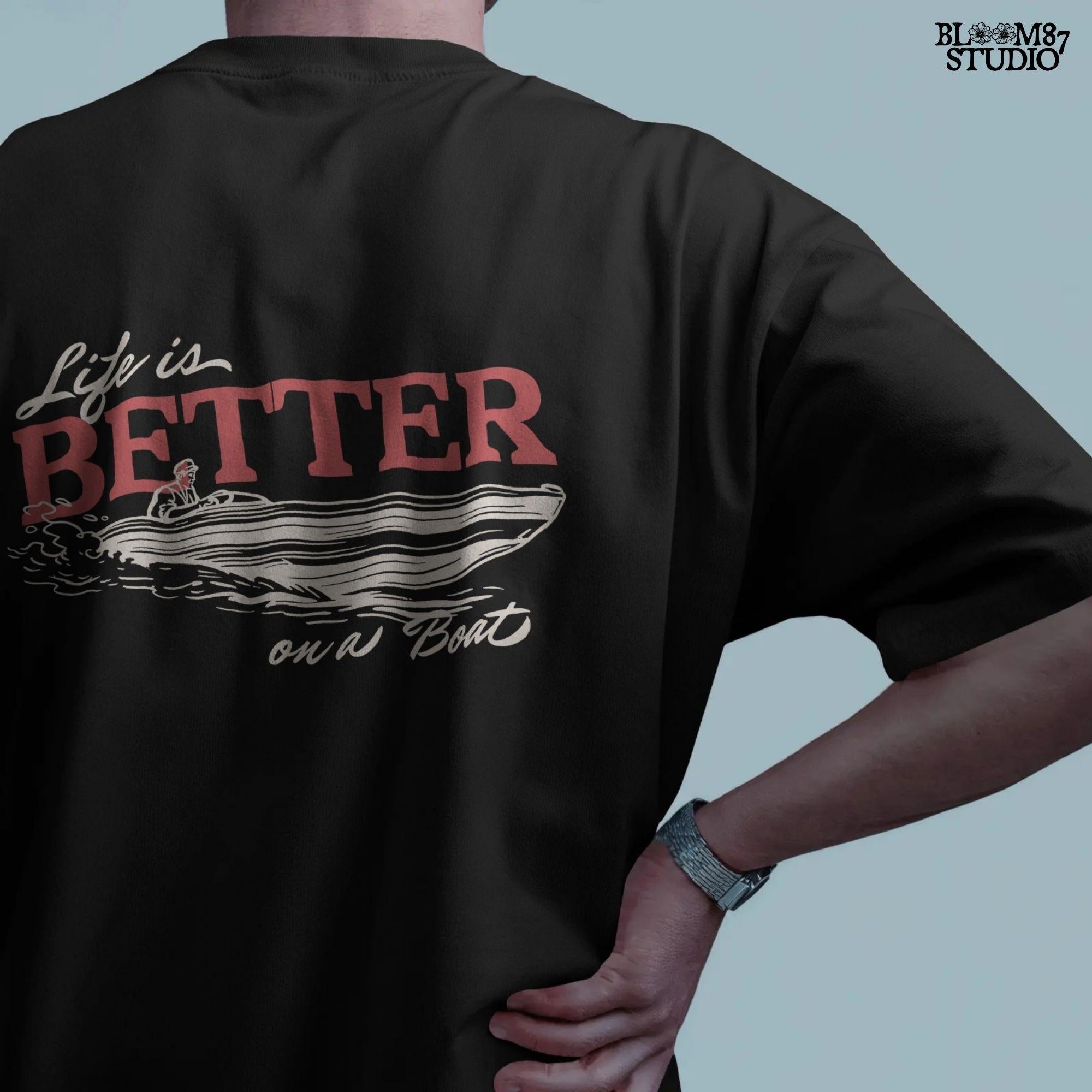 “Retro-style illustration of a man driving a speedboat with bold ‘Life is Better on a Boat’ typography, perfect for summer boating lovers.”