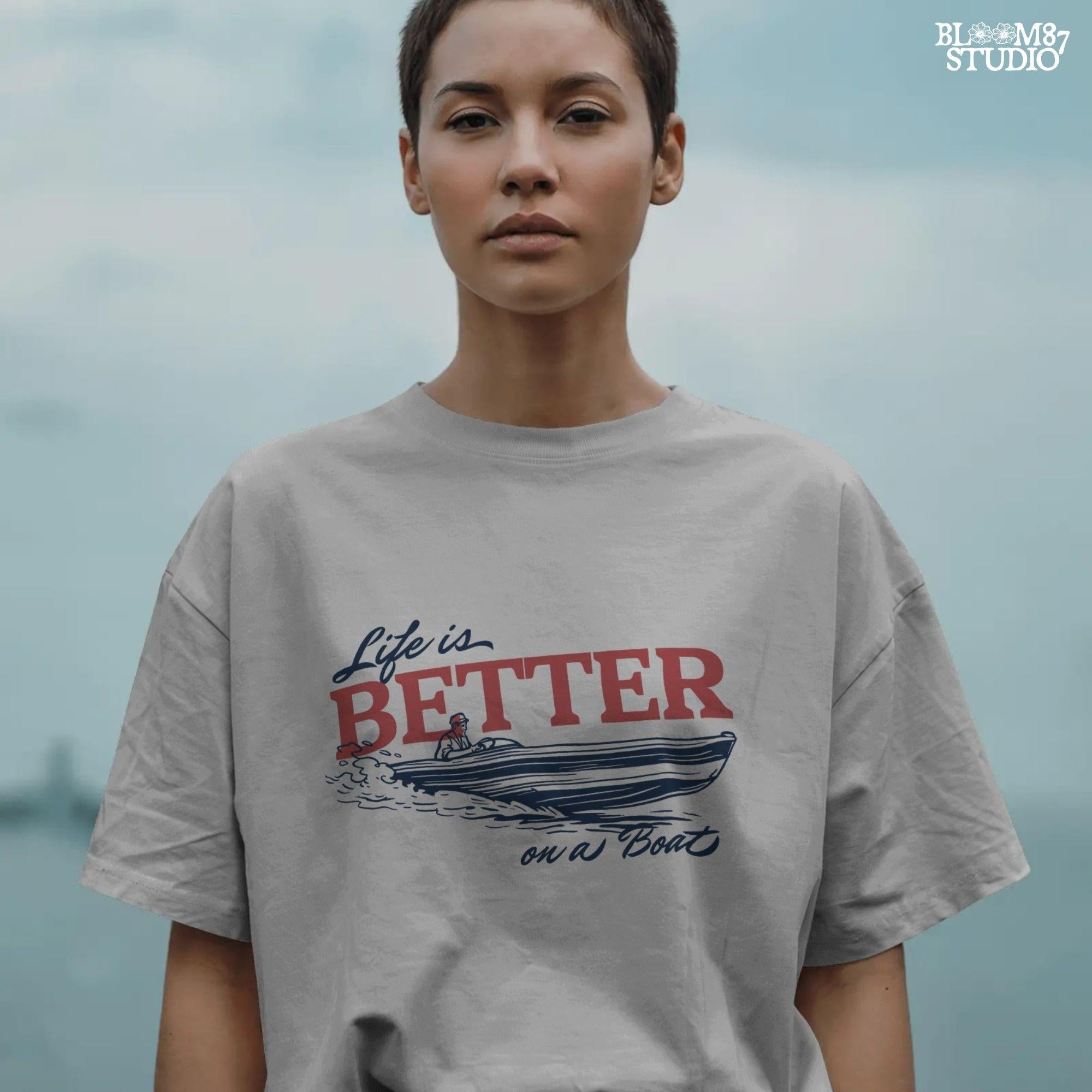 “Retro-style illustration of a man driving a speedboat with bold ‘Life is Better on a Boat’ typography, perfect for summer boating lovers.”