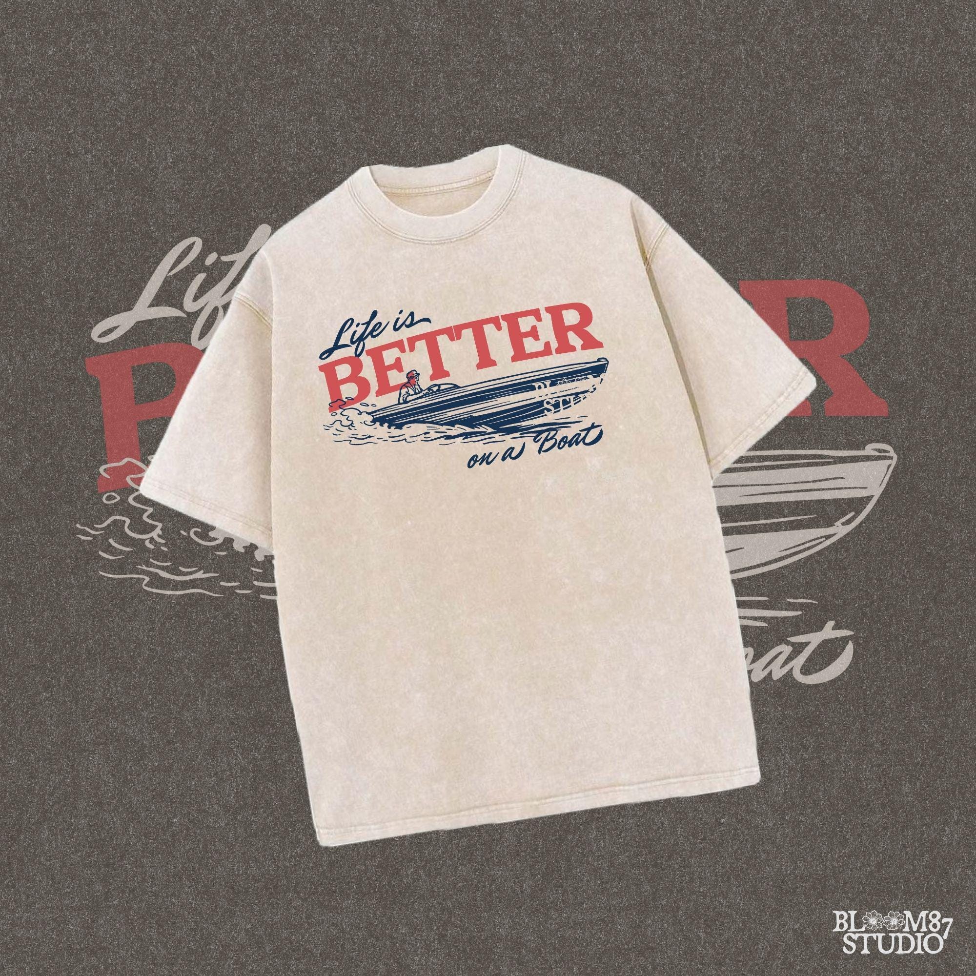 “Retro-style illustration of a man driving a speedboat with bold ‘Life is Better on a Boat’ typography, perfect for summer boating lovers.”