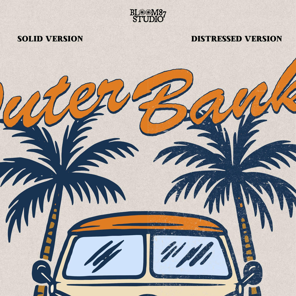 Vintage VW van parked between palm trees with “Outer Banks North Carolina” text, perfect for summer road trip beach vibes design.