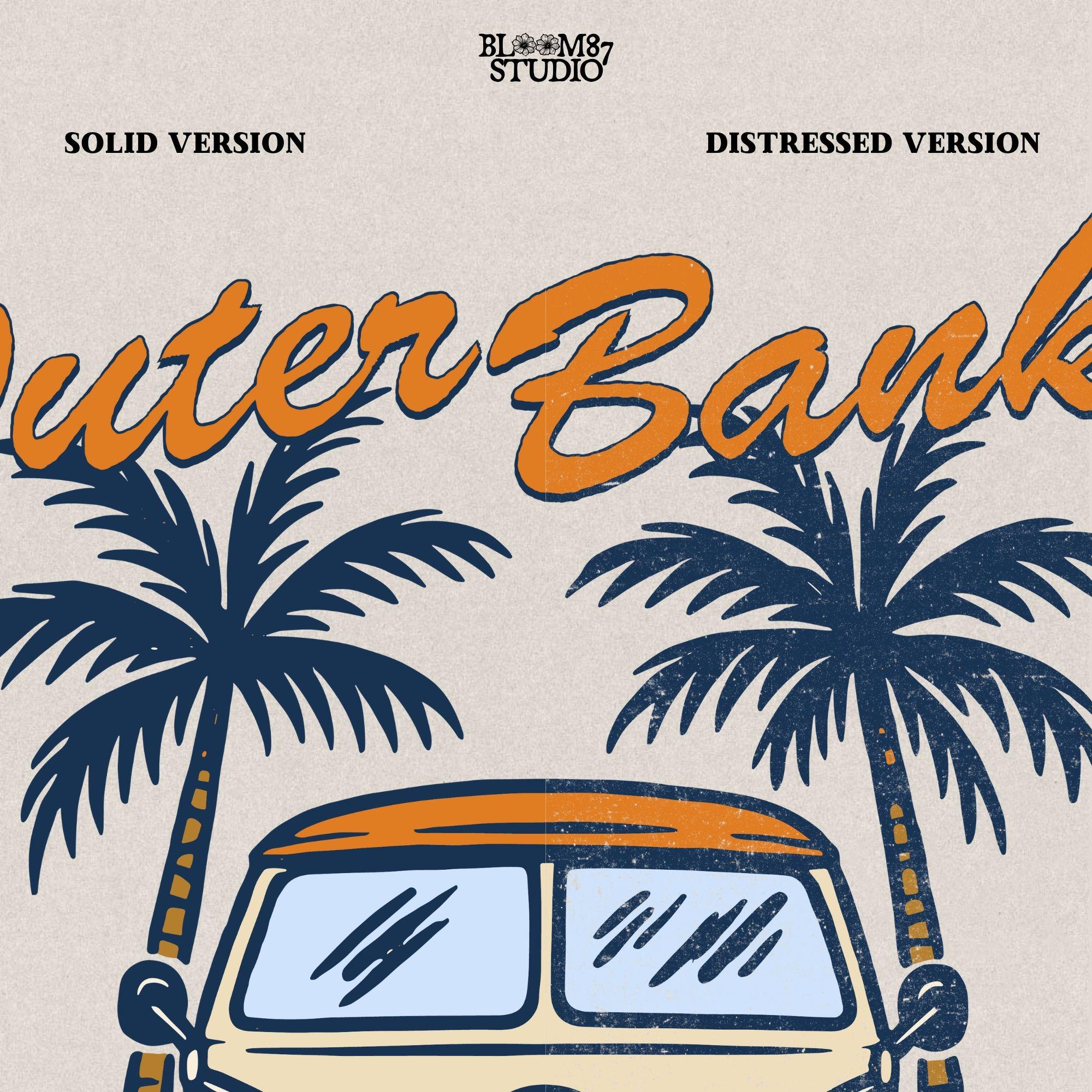 Vintage VW van parked between palm trees with “Outer Banks North Carolina” text, perfect for summer road trip beach vibes design.