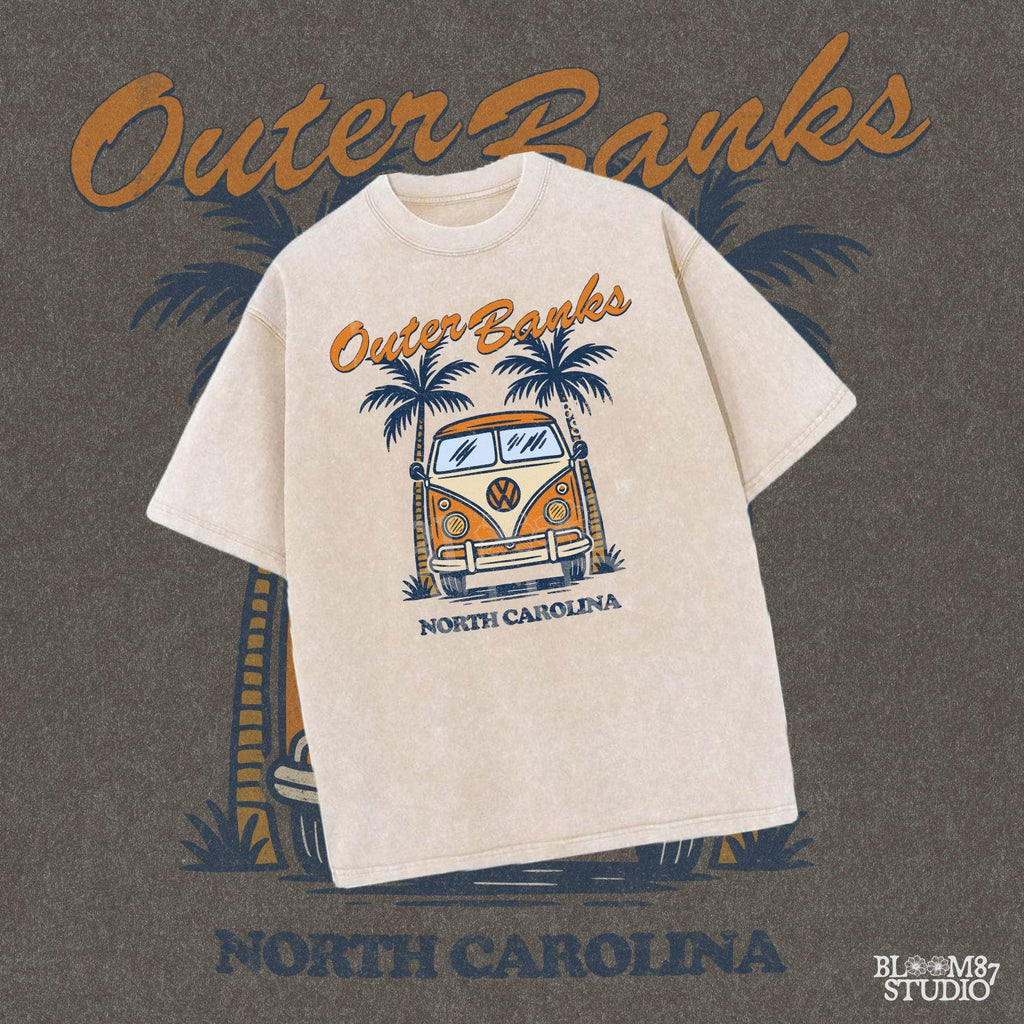 Vintage VW van parked between palm trees with “Outer Banks North Carolina” text, perfect for summer road trip beach vibes design.