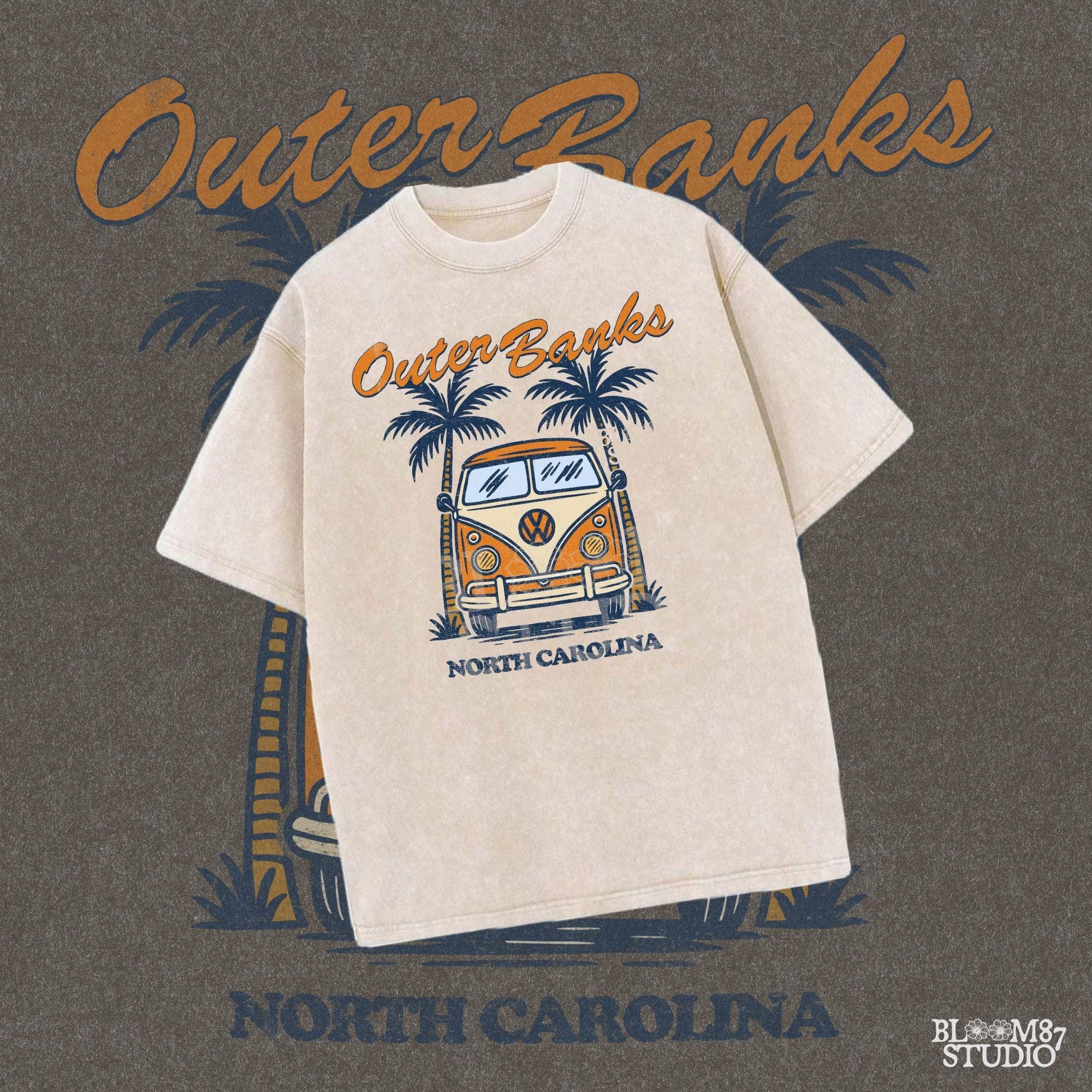 Vintage VW van parked between palm trees with “Outer Banks North Carolina” text, perfect for summer road trip beach vibes design.