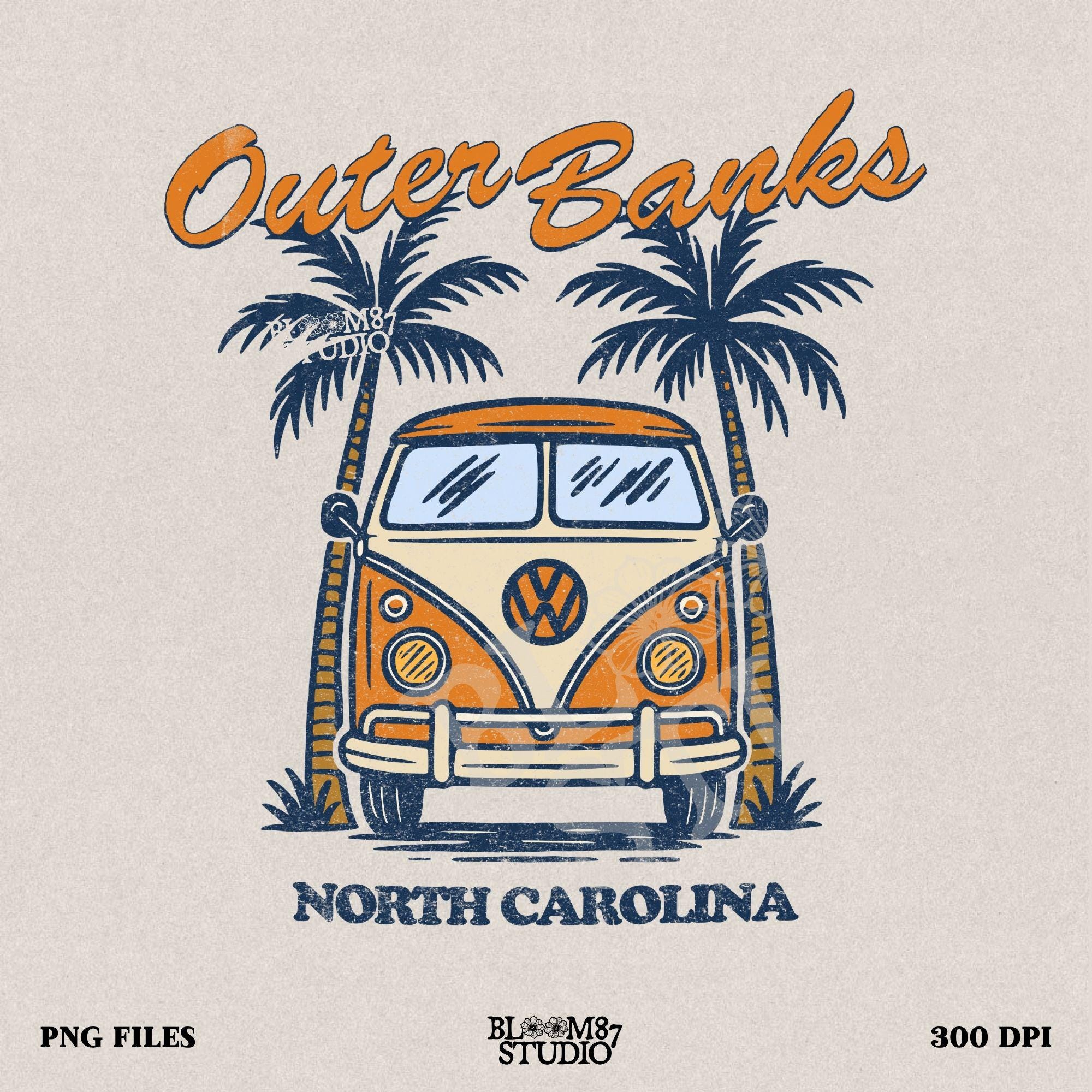 Vintage VW van parked between palm trees with “Outer Banks North Carolina” text, perfect for summer road trip beach vibes design.