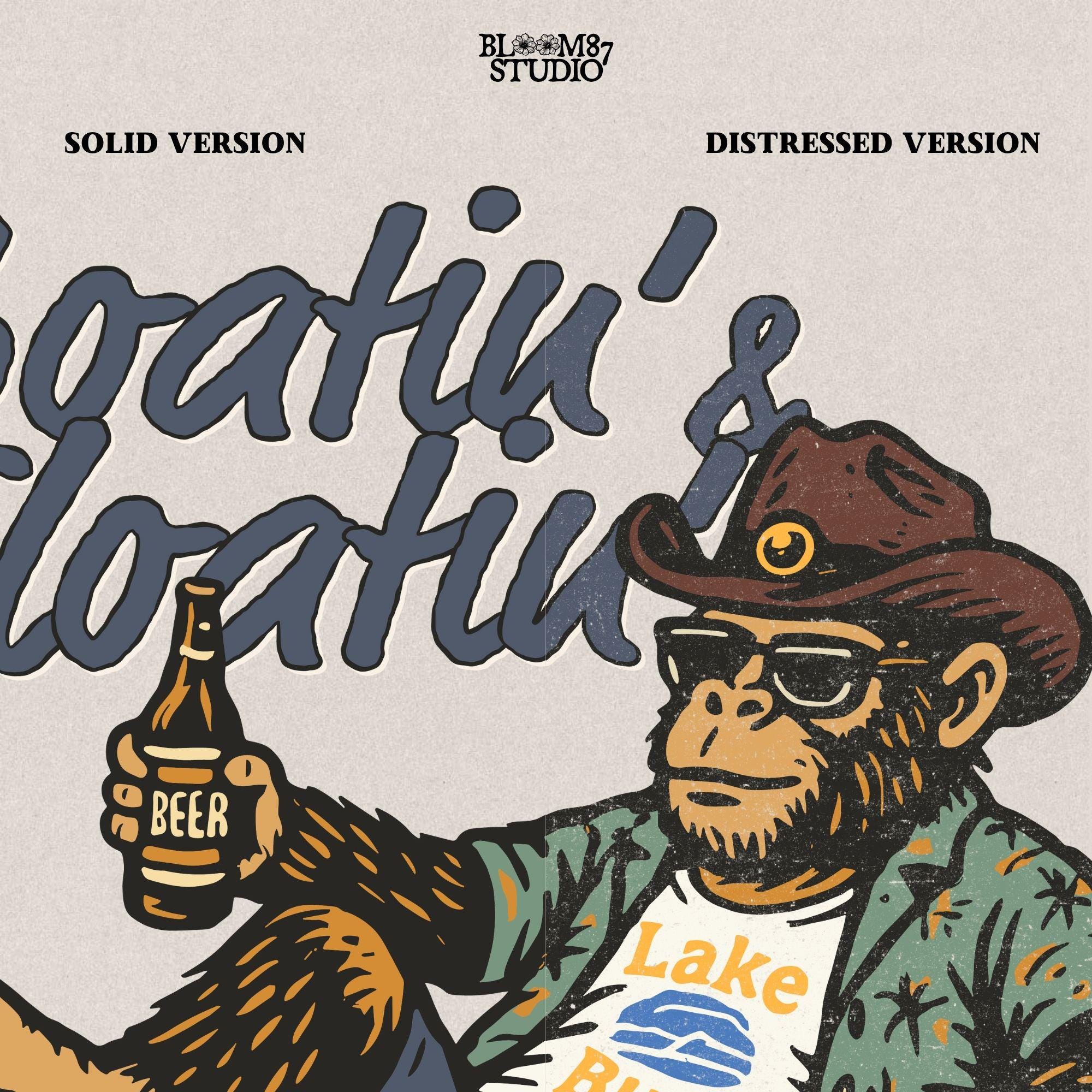 Bigfoot relaxing in a red and white pool float, holding a beer and wearing sunglasses, a hat, and a tropical shirt with “Boatin’ & Floatin’” text above.