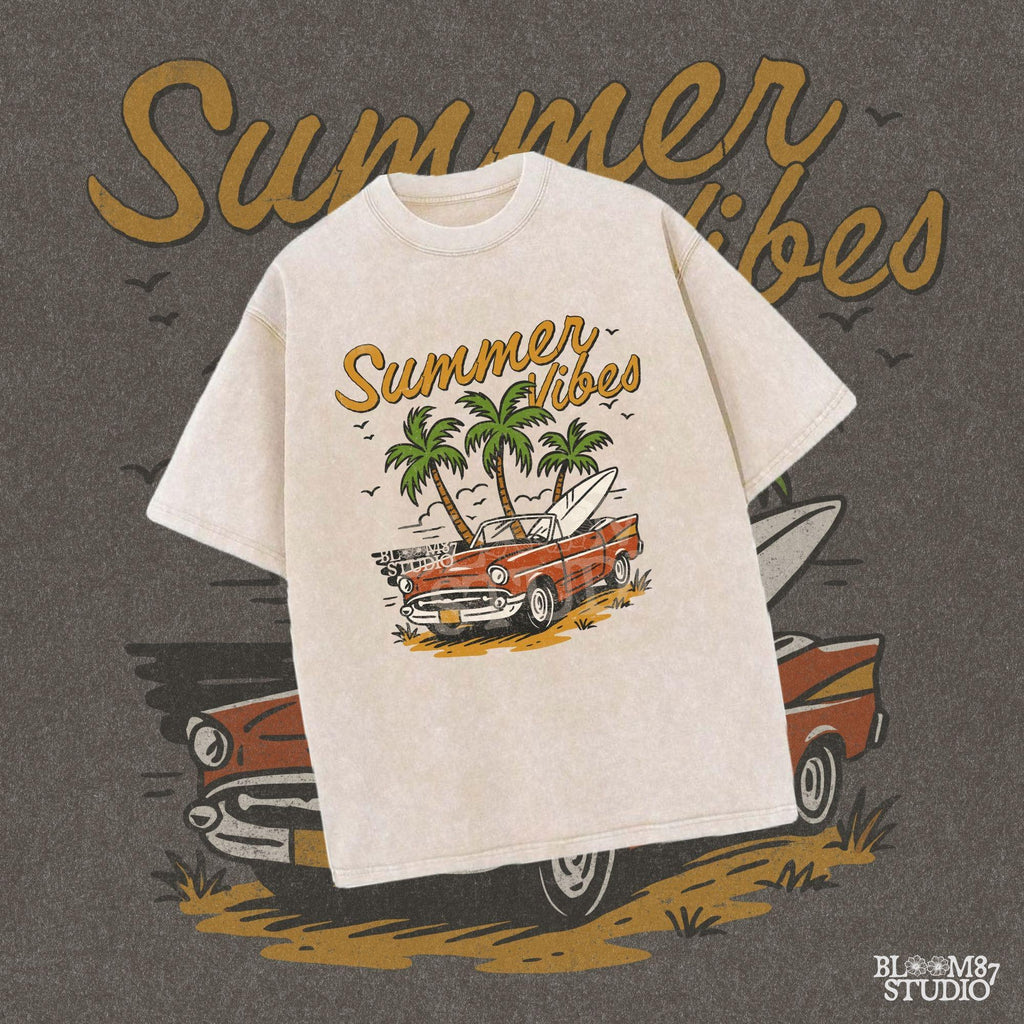 Red vintage convertible parked near palm trees at the beach with a surfboard and “Summer Vibes” text above.