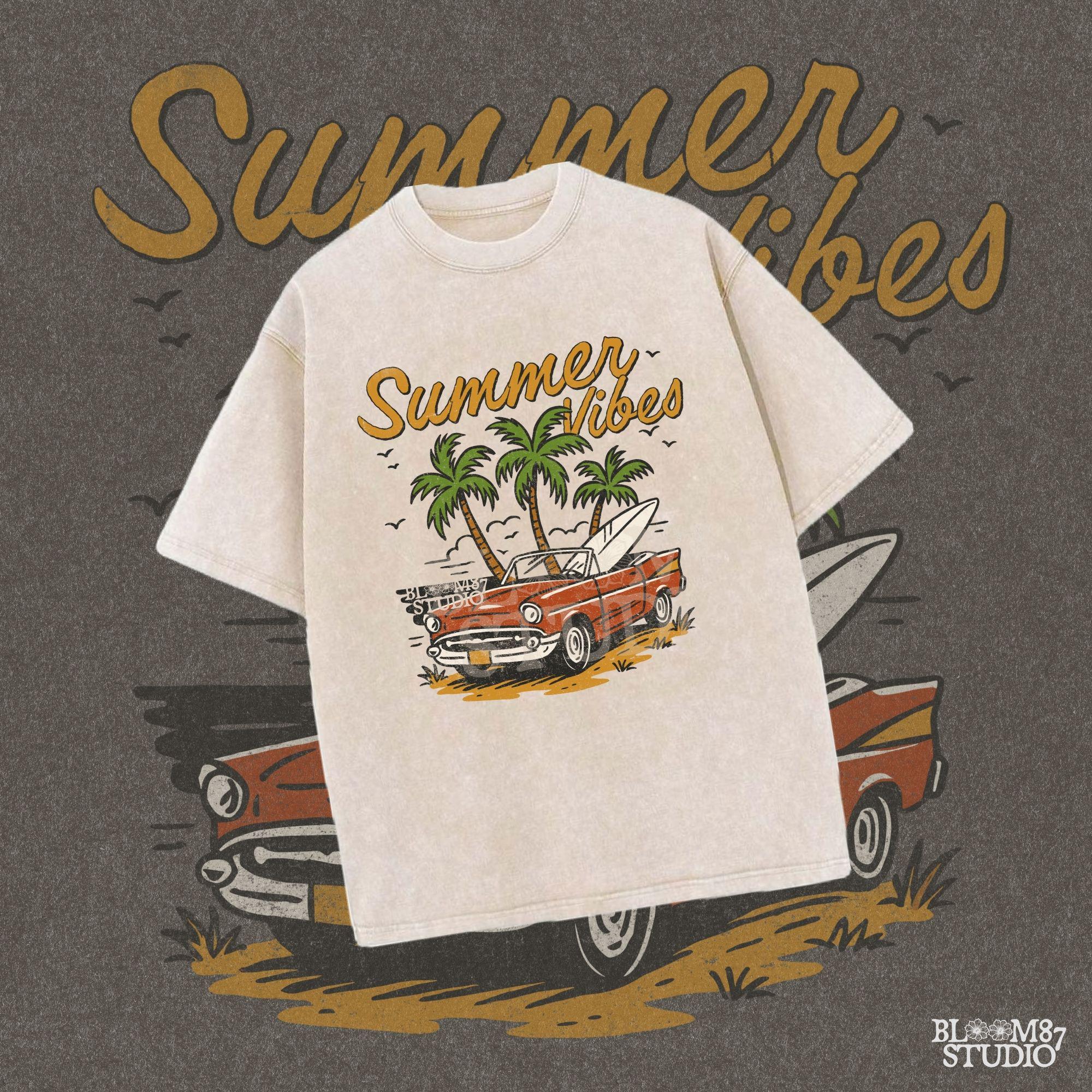 Red vintage convertible parked near palm trees at the beach with a surfboard and “Summer Vibes” text above.