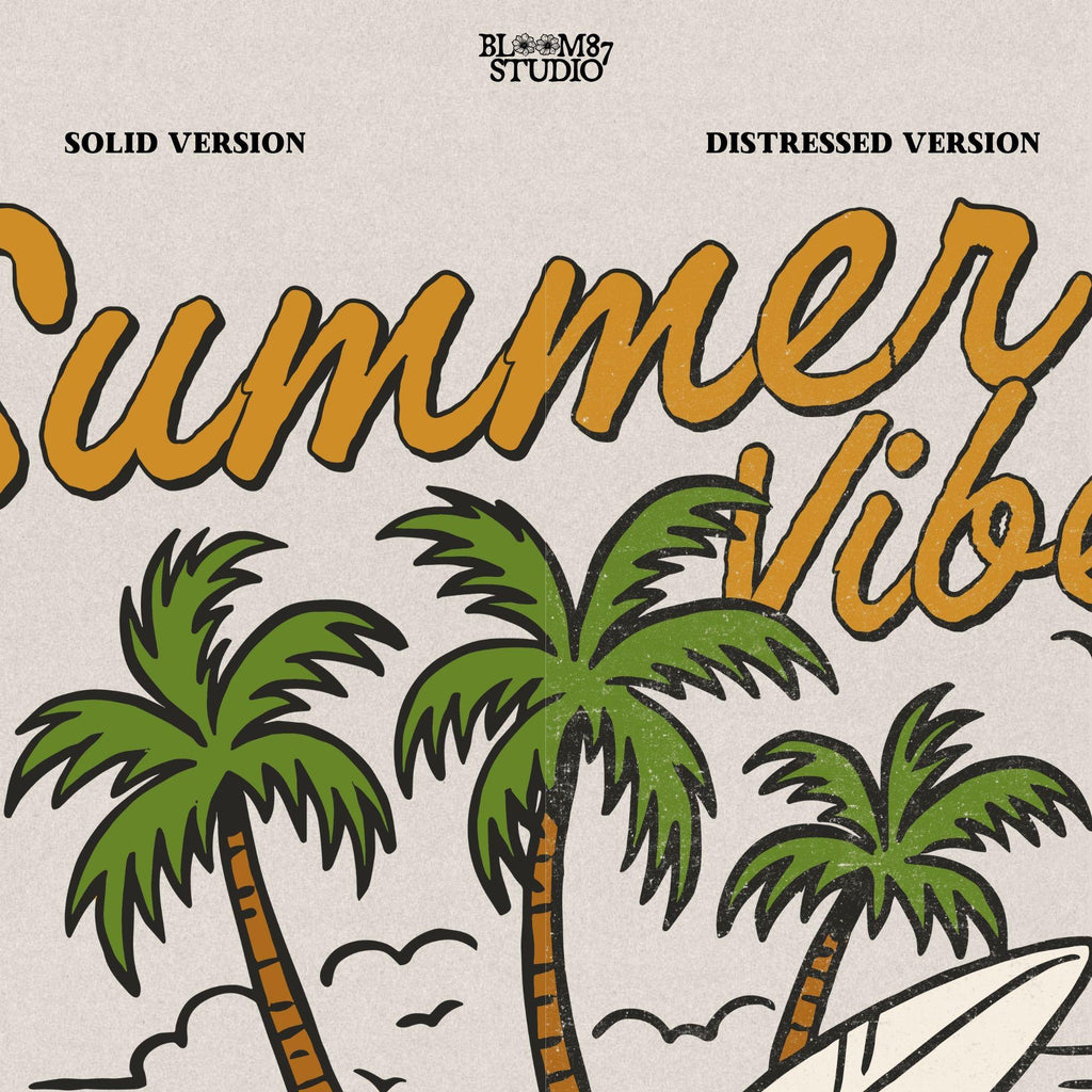 Red vintage convertible parked near palm trees at the beach with a surfboard and “Summer Vibes” text above.