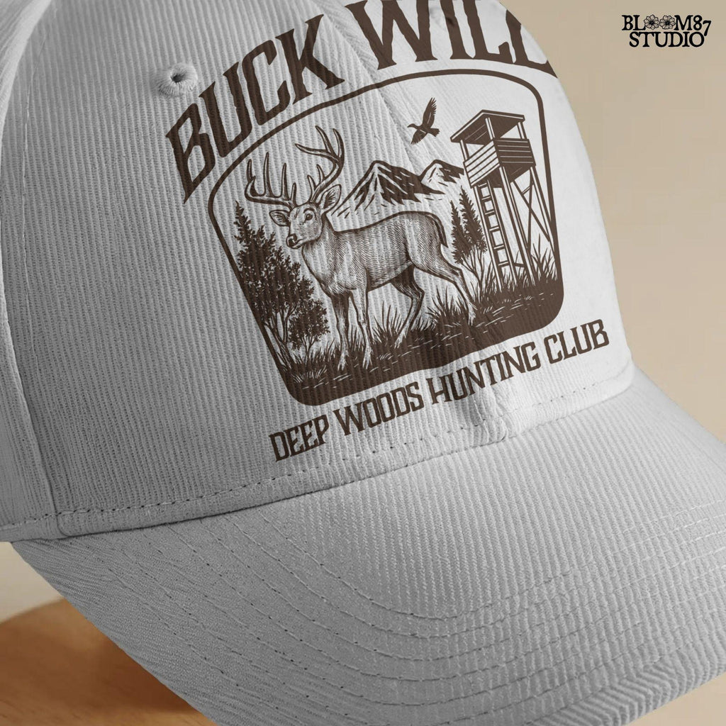 Illustration of a buck in the forest with mountains, a watchtower, and a bird, framed by the text “Buck Wild – Deep Woods Hunting Club”.