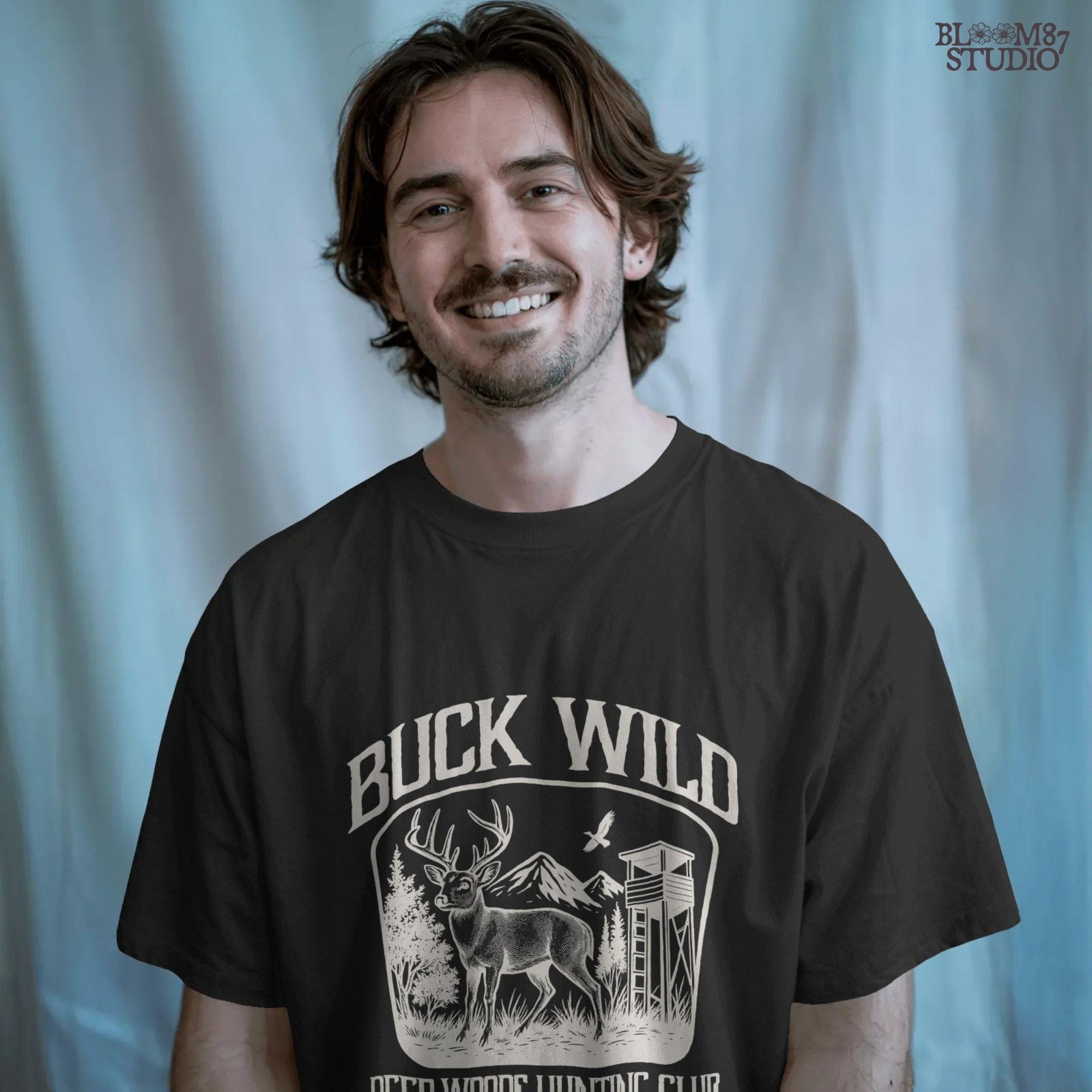 Illustration of a buck in the forest with mountains, a watchtower, and a bird, framed by the text “Buck Wild – Deep Woods Hunting Club”.