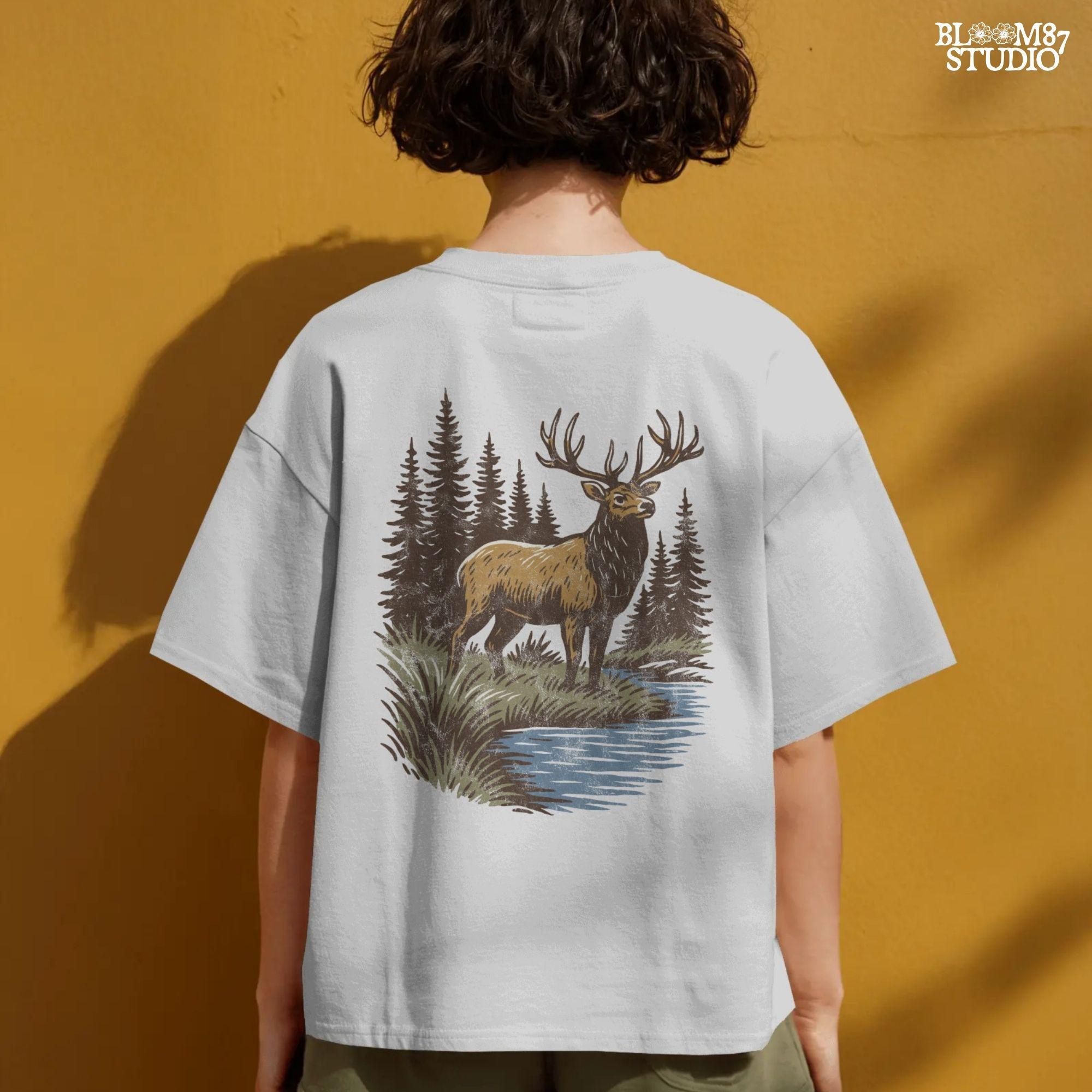 Illustration of a majestic elk with large antlers standing by a stream, surrounded by tall pine trees in a forest setting.