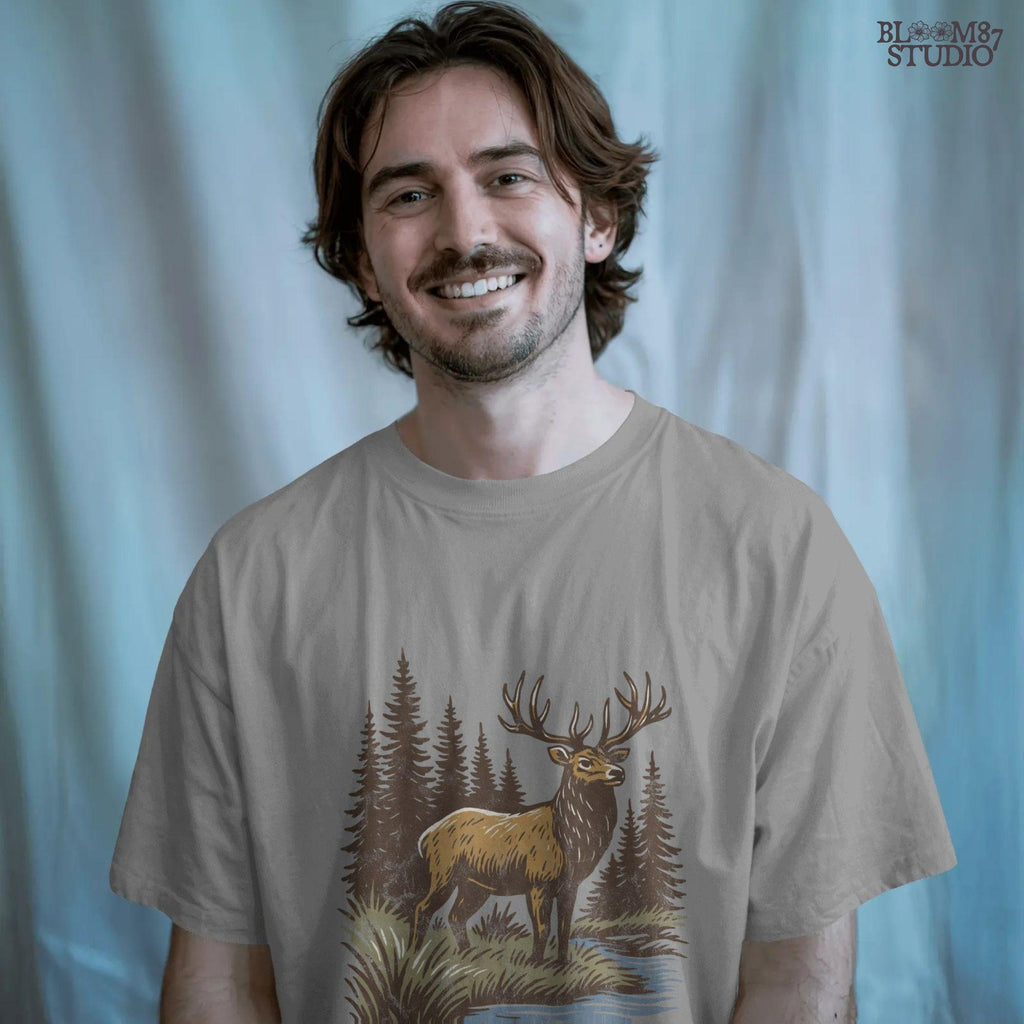 Illustration of a majestic elk with large antlers standing by a stream, surrounded by tall pine trees in a forest setting.