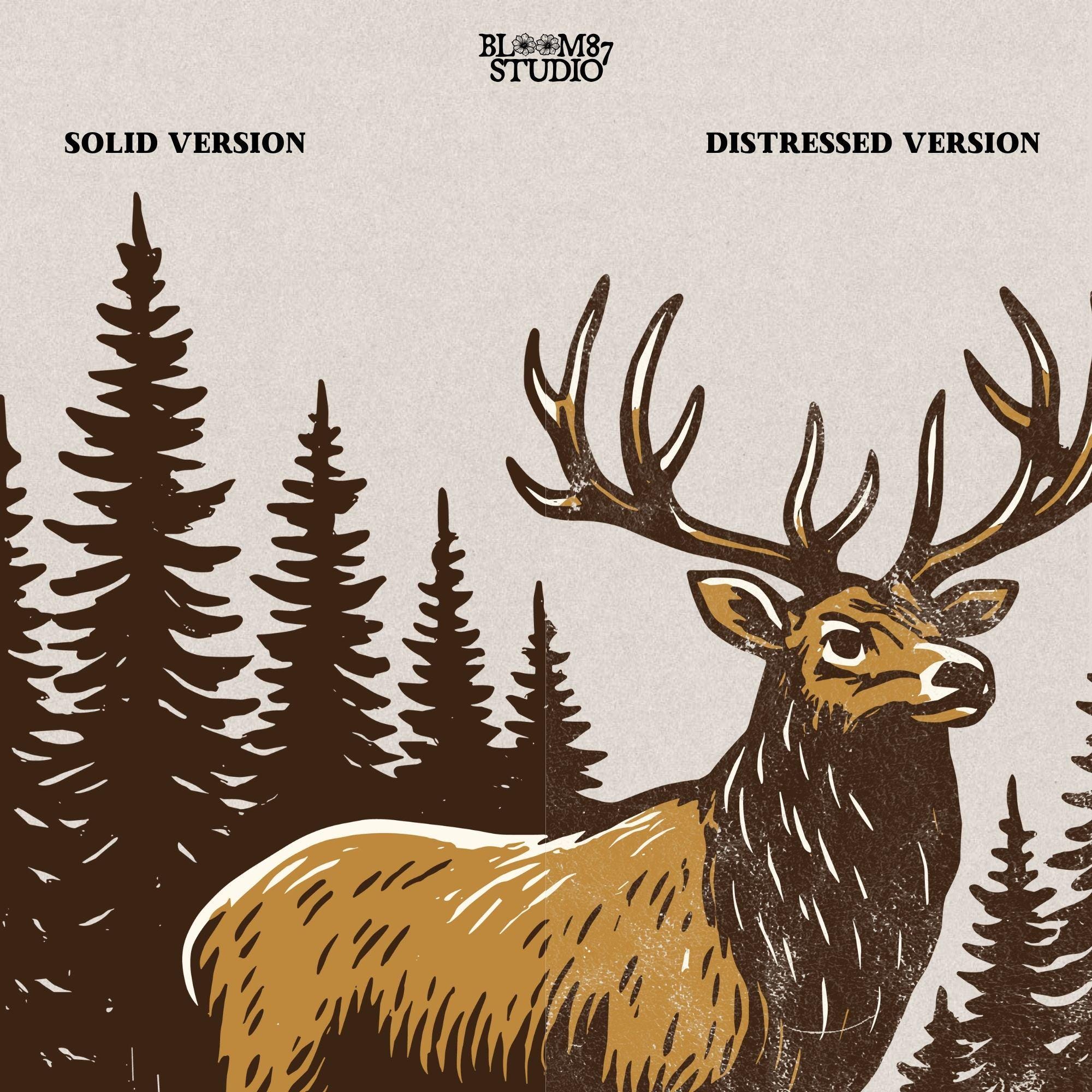 Illustration of a majestic elk with large antlers standing by a stream, surrounded by tall pine trees in a forest setting.