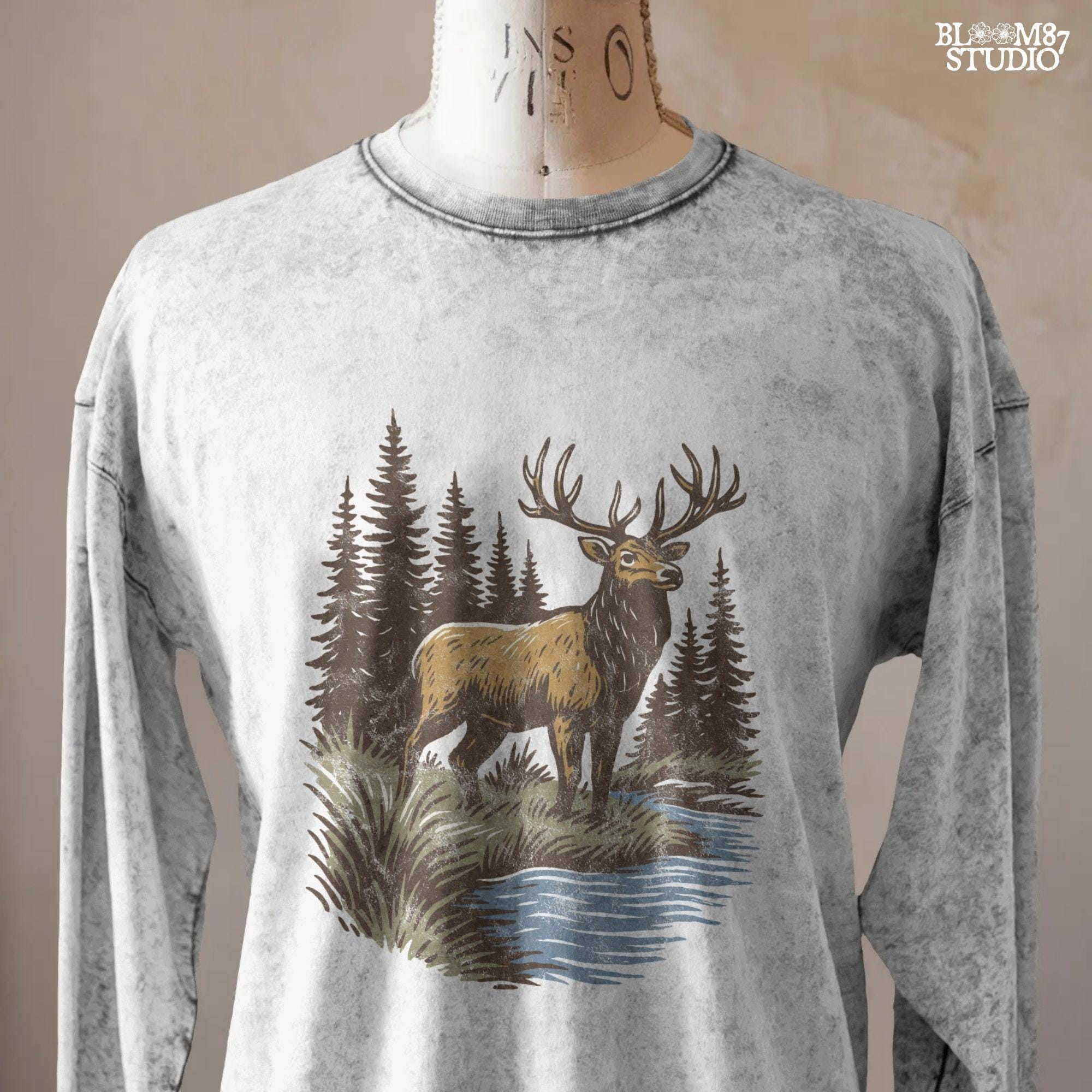 Illustration of a majestic elk with large antlers standing by a stream, surrounded by tall pine trees in a forest setting.
