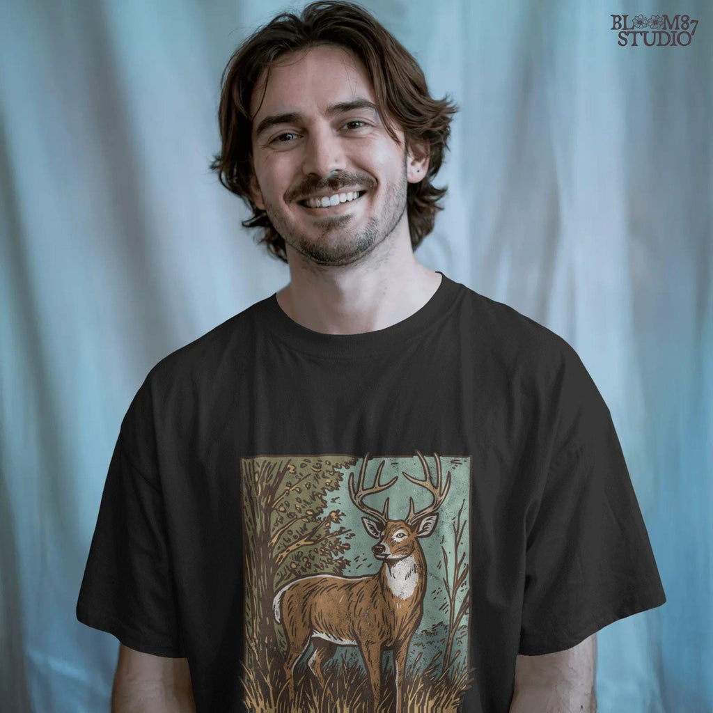 Whitetail buck illustration in tall grass and fall forest, rustic hunting PNG clipart for outdoor crafting.