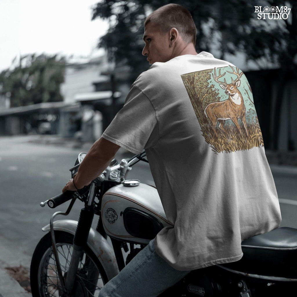 Whitetail buck illustration in tall grass and fall forest, rustic hunting PNG clipart for outdoor crafting.