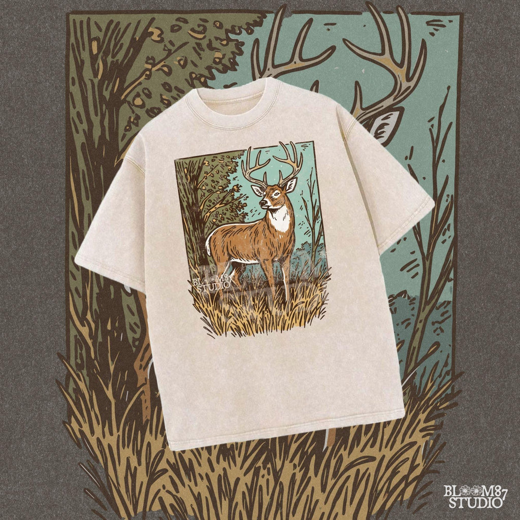 Whitetail buck illustration in tall grass and fall forest, rustic hunting PNG clipart for outdoor crafting.