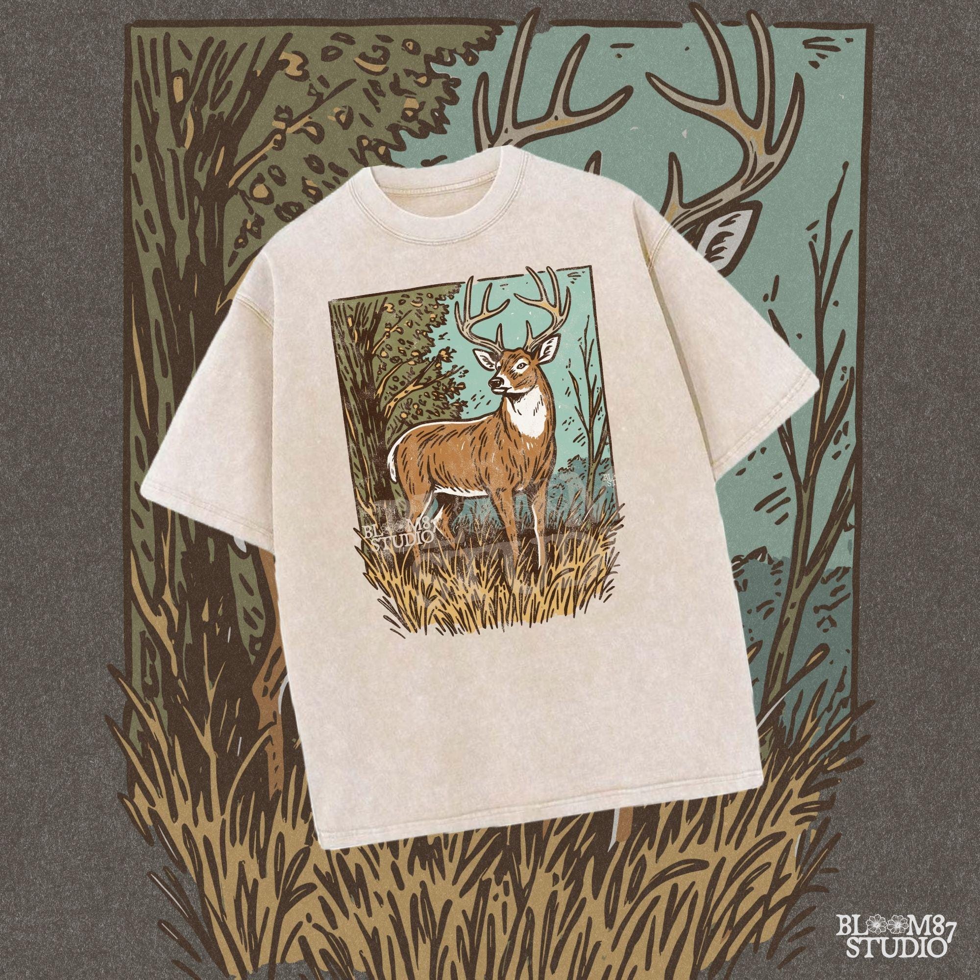 Whitetail buck illustration in tall grass and fall forest, rustic hunting PNG clipart for outdoor crafting.