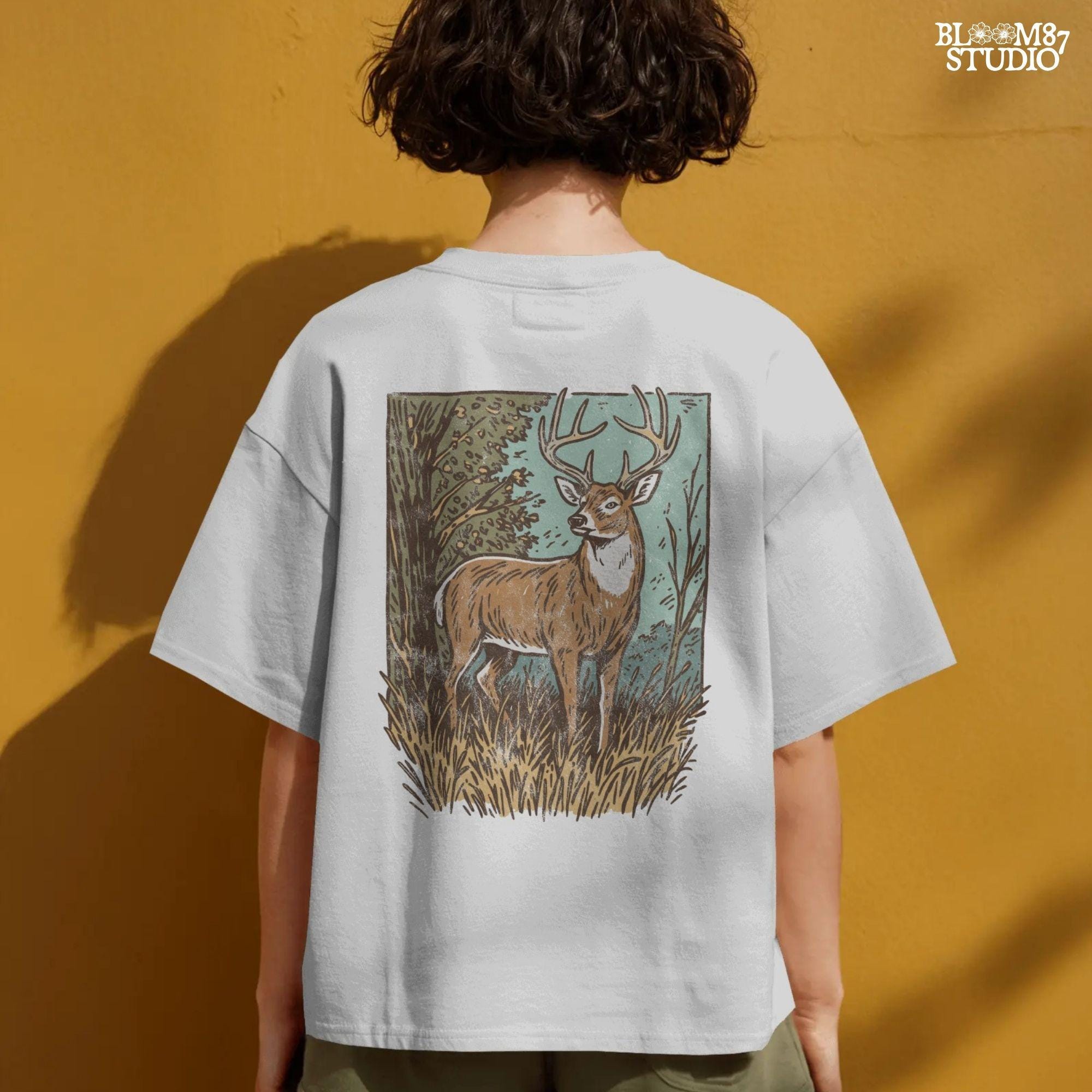 Whitetail buck illustration in tall grass and fall forest, rustic hunting PNG clipart for outdoor crafting.