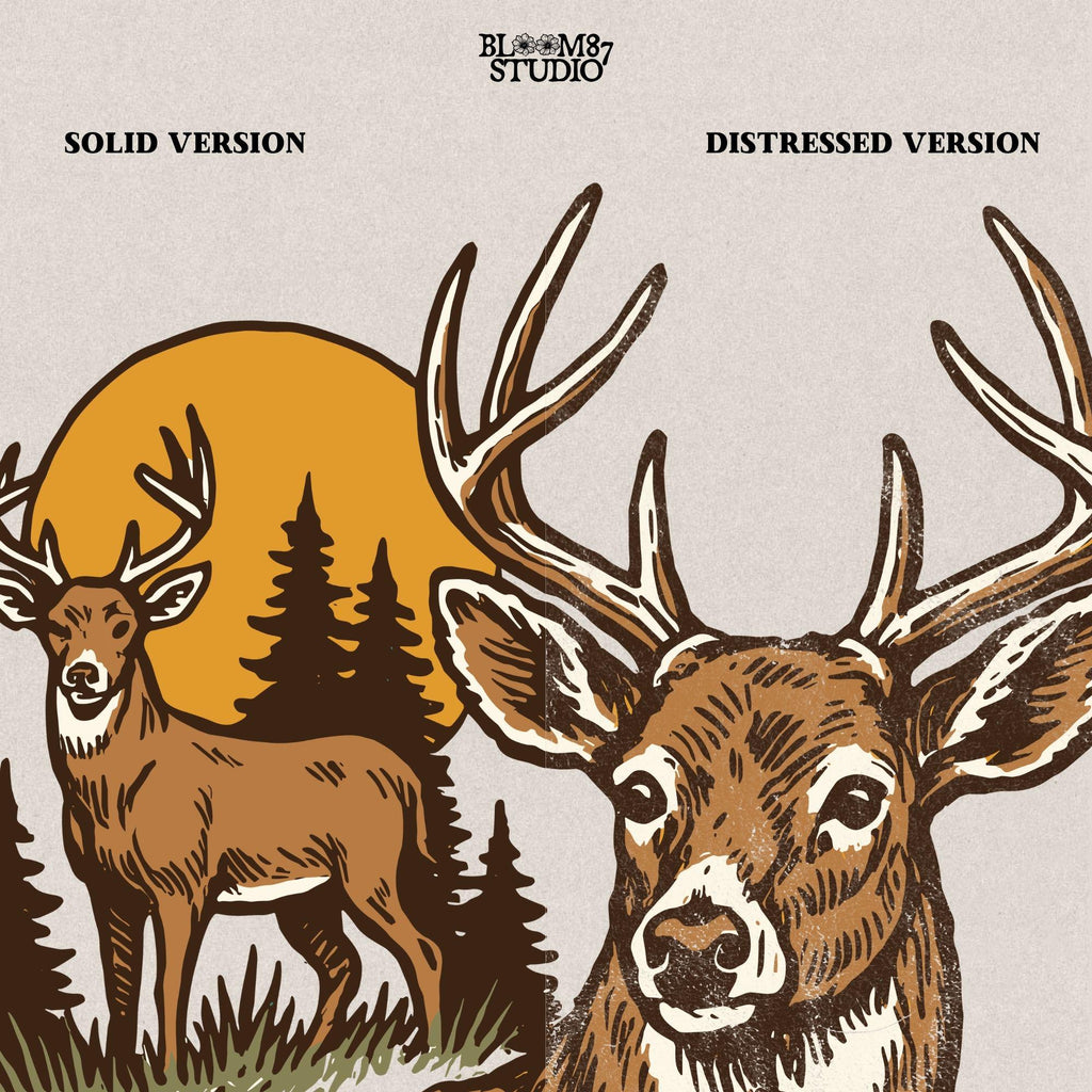 Vintage-style illustration of whitetail deer with archery and shooting targets, set against a forest with sunset background.