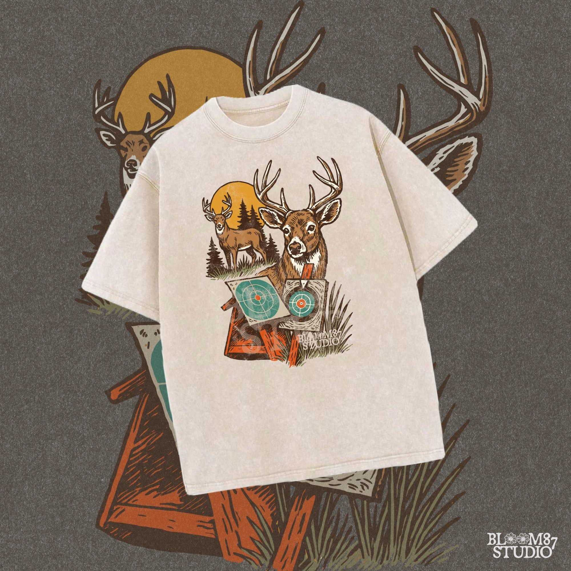 Vintage-style illustration of whitetail deer with archery and shooting targets, set against a forest with sunset background.