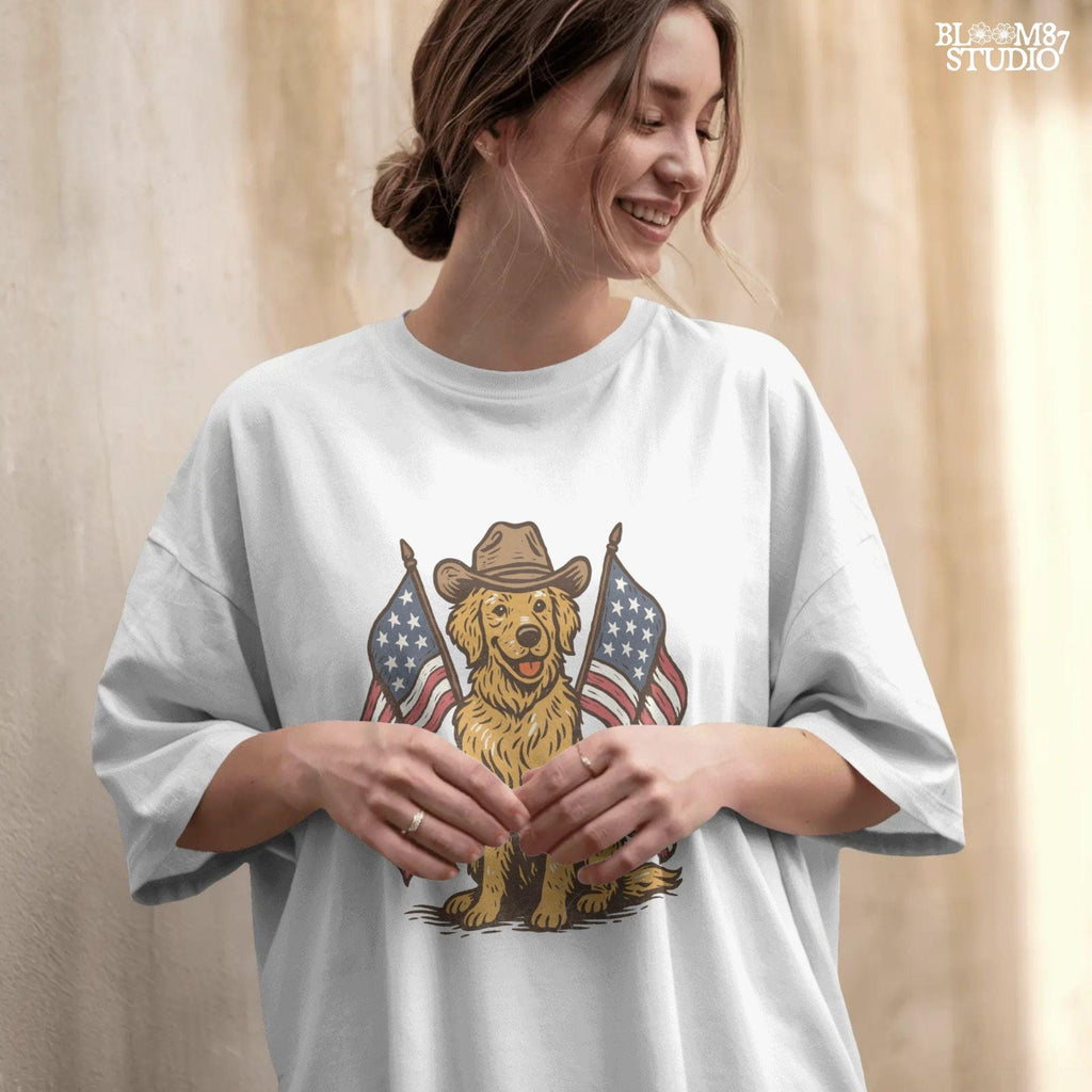 Golden retriever dog wearing cowboy hat with two American flags, patriotic PNG for 4th of July or summer celebration.