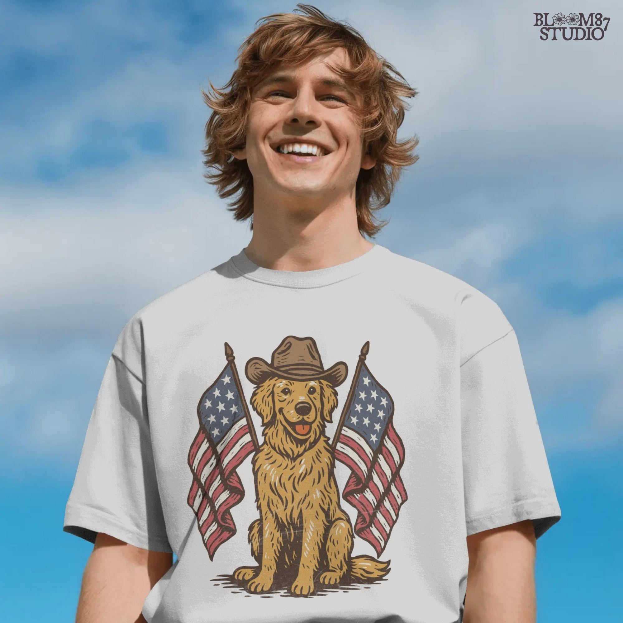 Golden retriever dog wearing cowboy hat with two American flags, patriotic PNG for 4th of July or summer celebration.